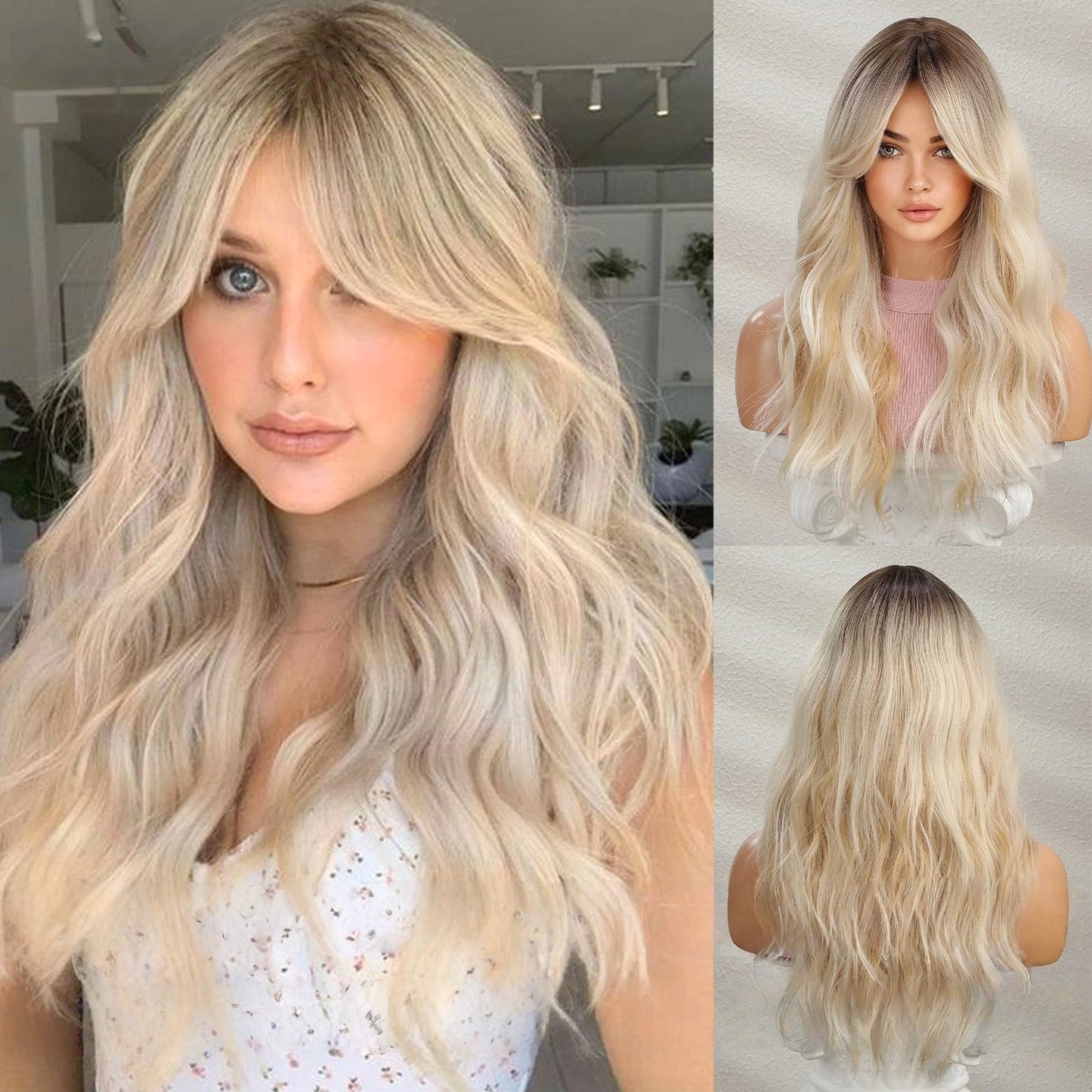Platinum Blonde Long Body Wave Wig with Bangs – Rooted Ash Golden Synthetic Hair