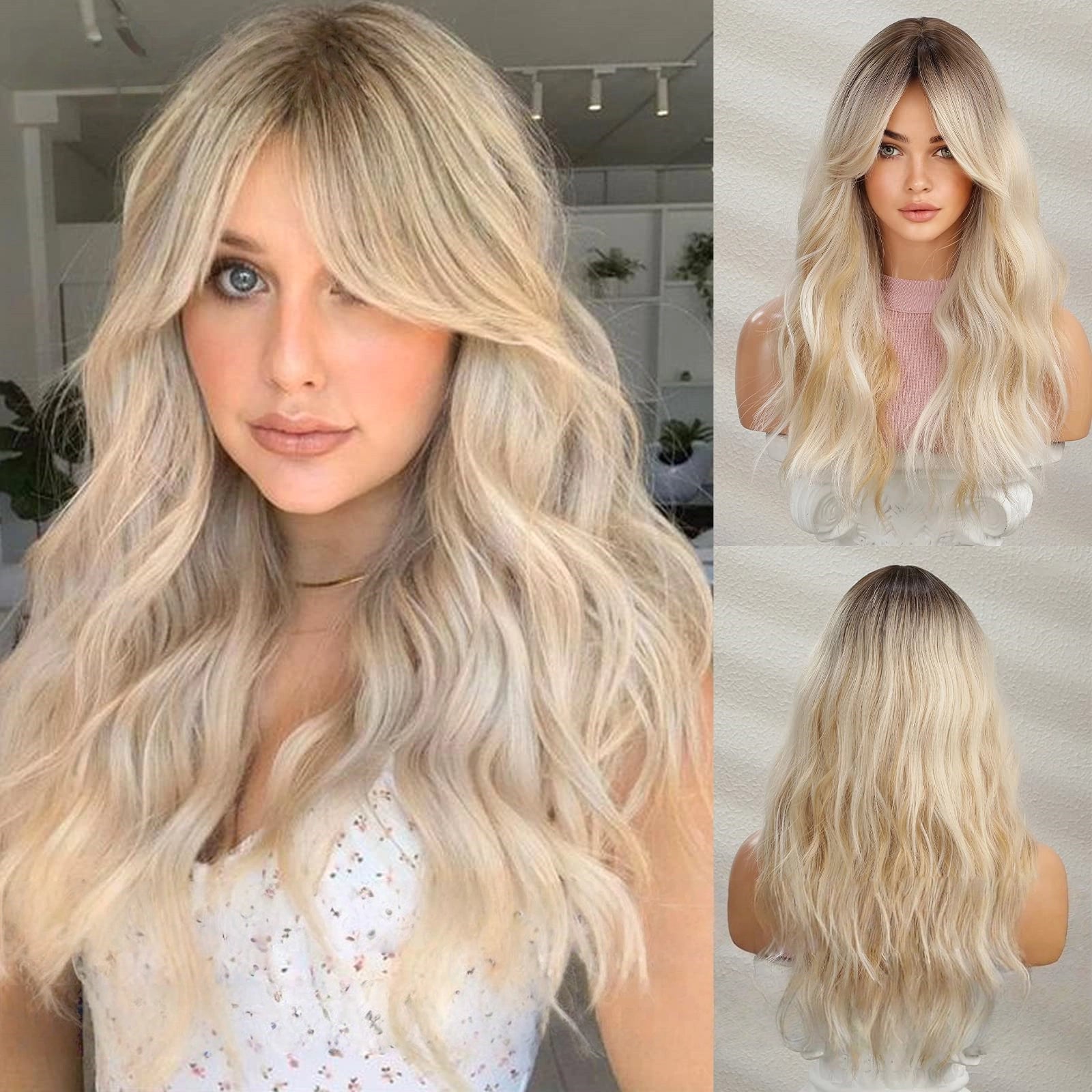 Platinum Blonde Long Body Wave Wig with Bangs – Rooted Ash Golden Synthetic Hair