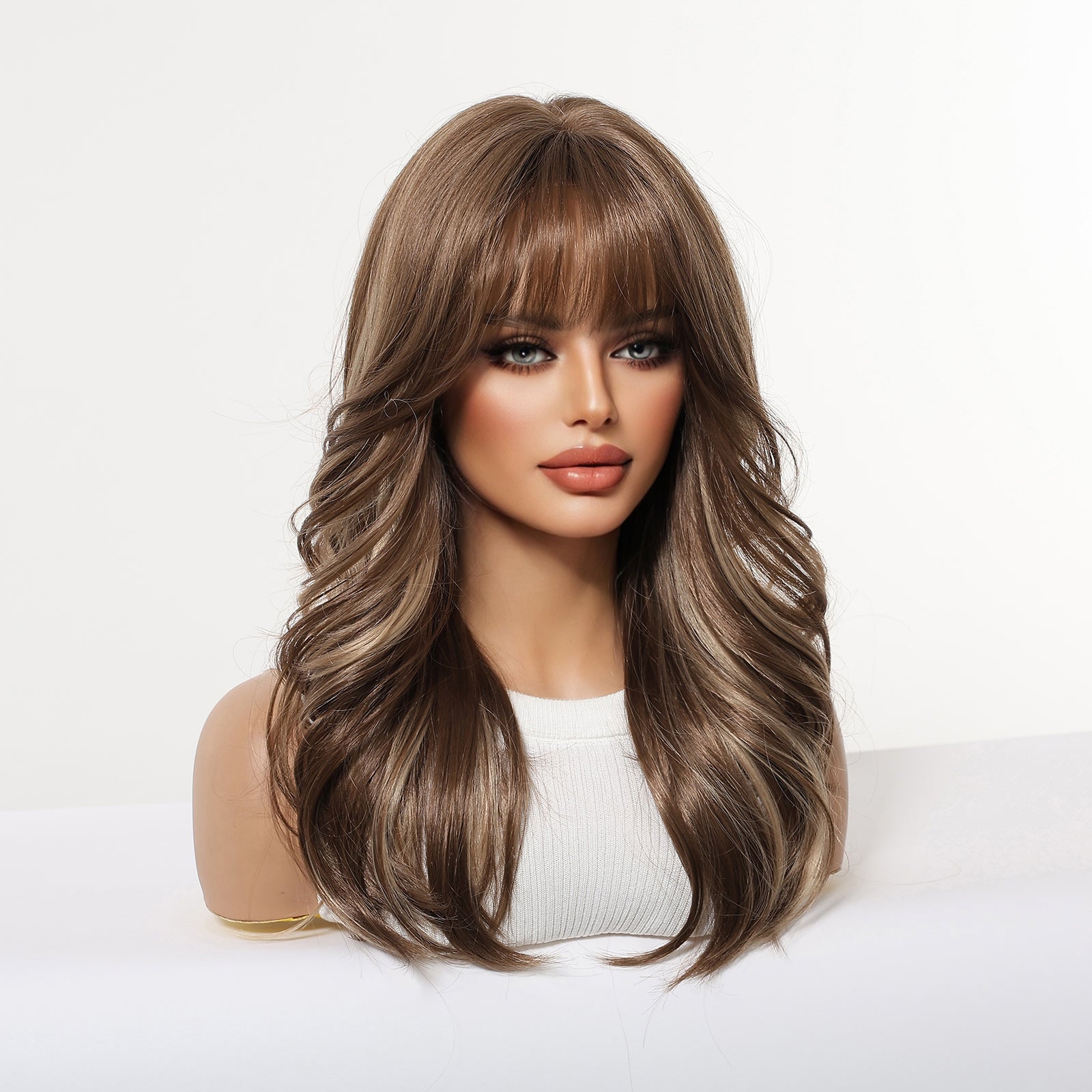 20 Inch Chestnut Brown Balayage Wavy Wig with Bangs - Synthetic Hair