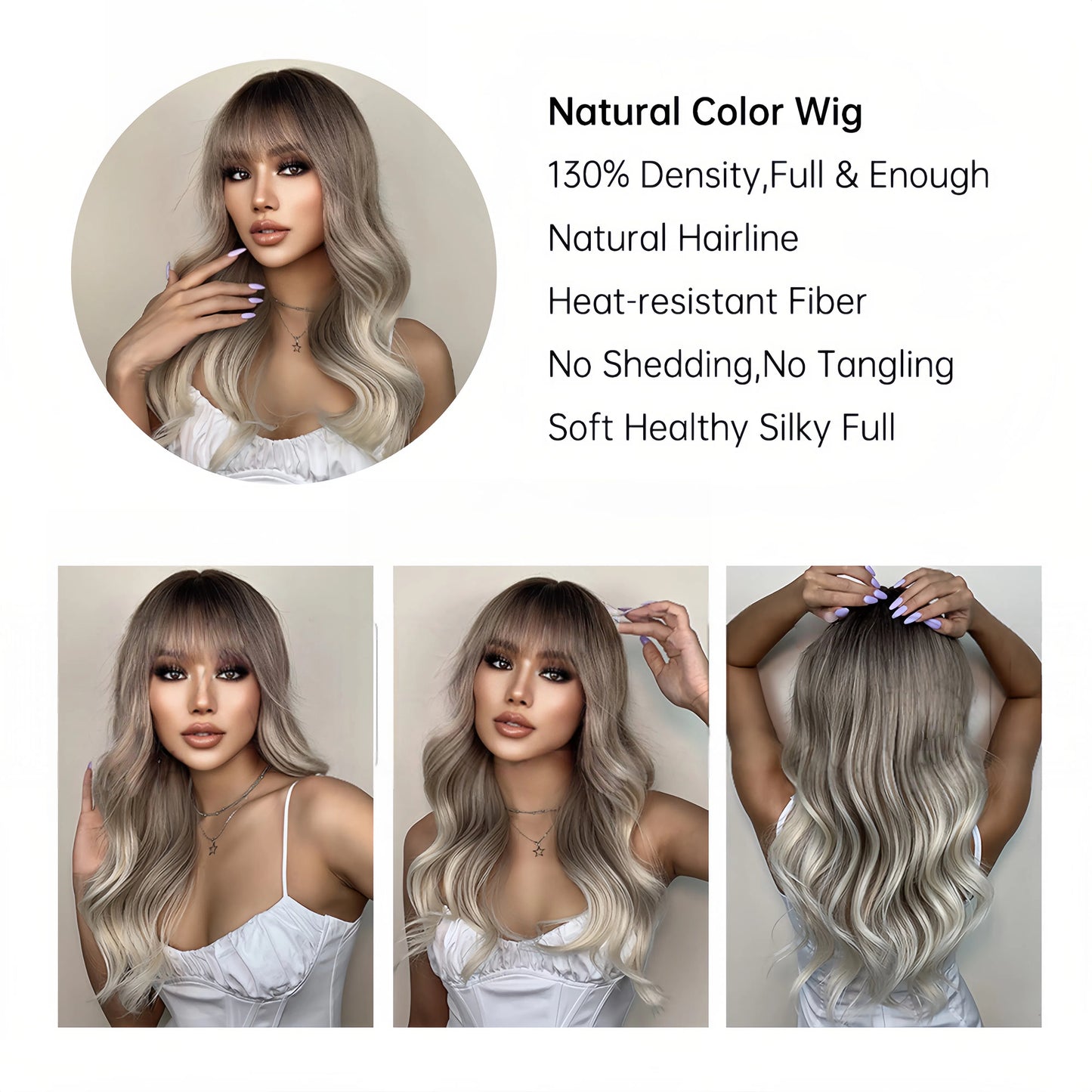 Ash Blonde Long Body Wave Wig – Dark Rooted Platinum Synthetic Hair