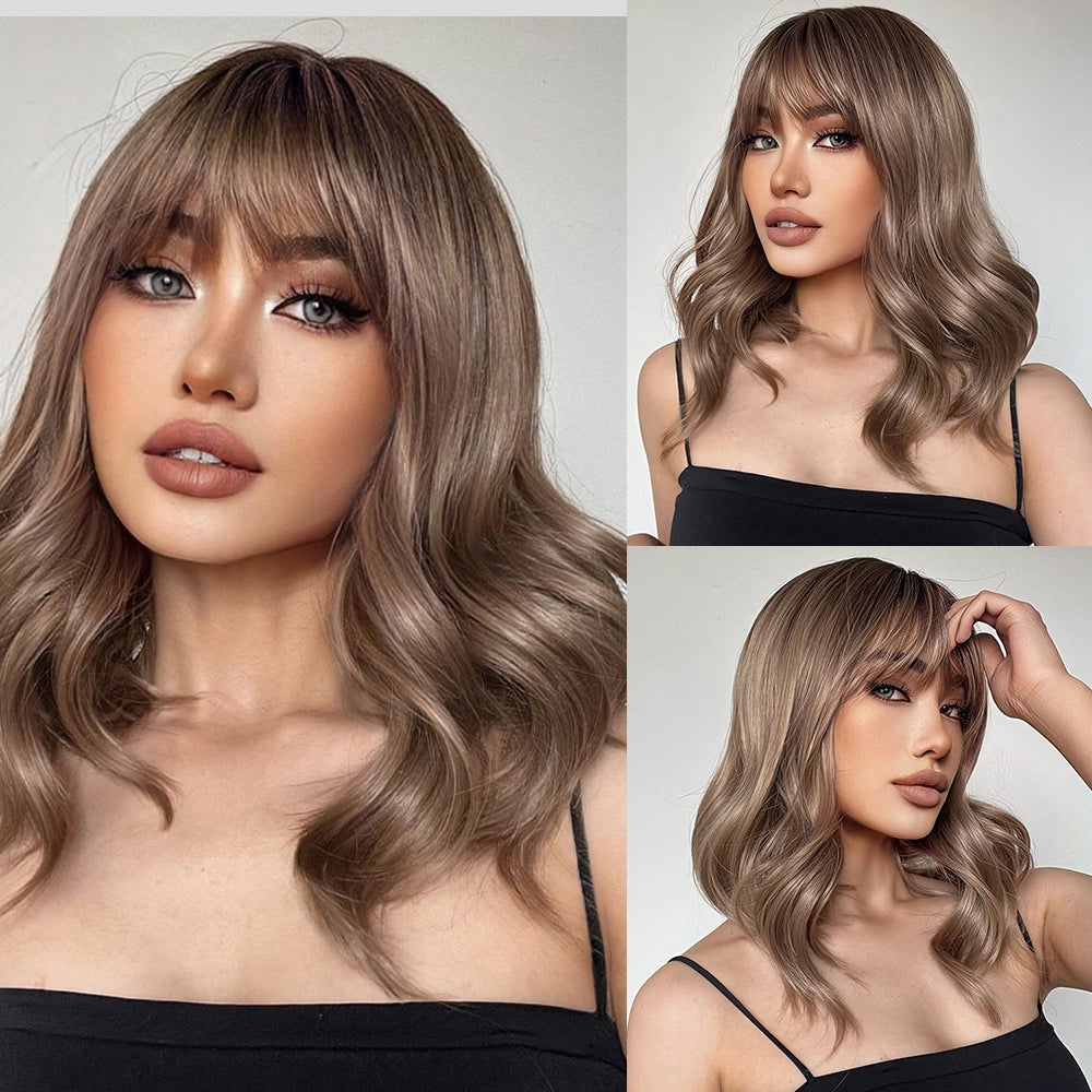 Ash Brown Balayage Body Wave Wig with Bangs – Caramel Honey Blonde Highlights
