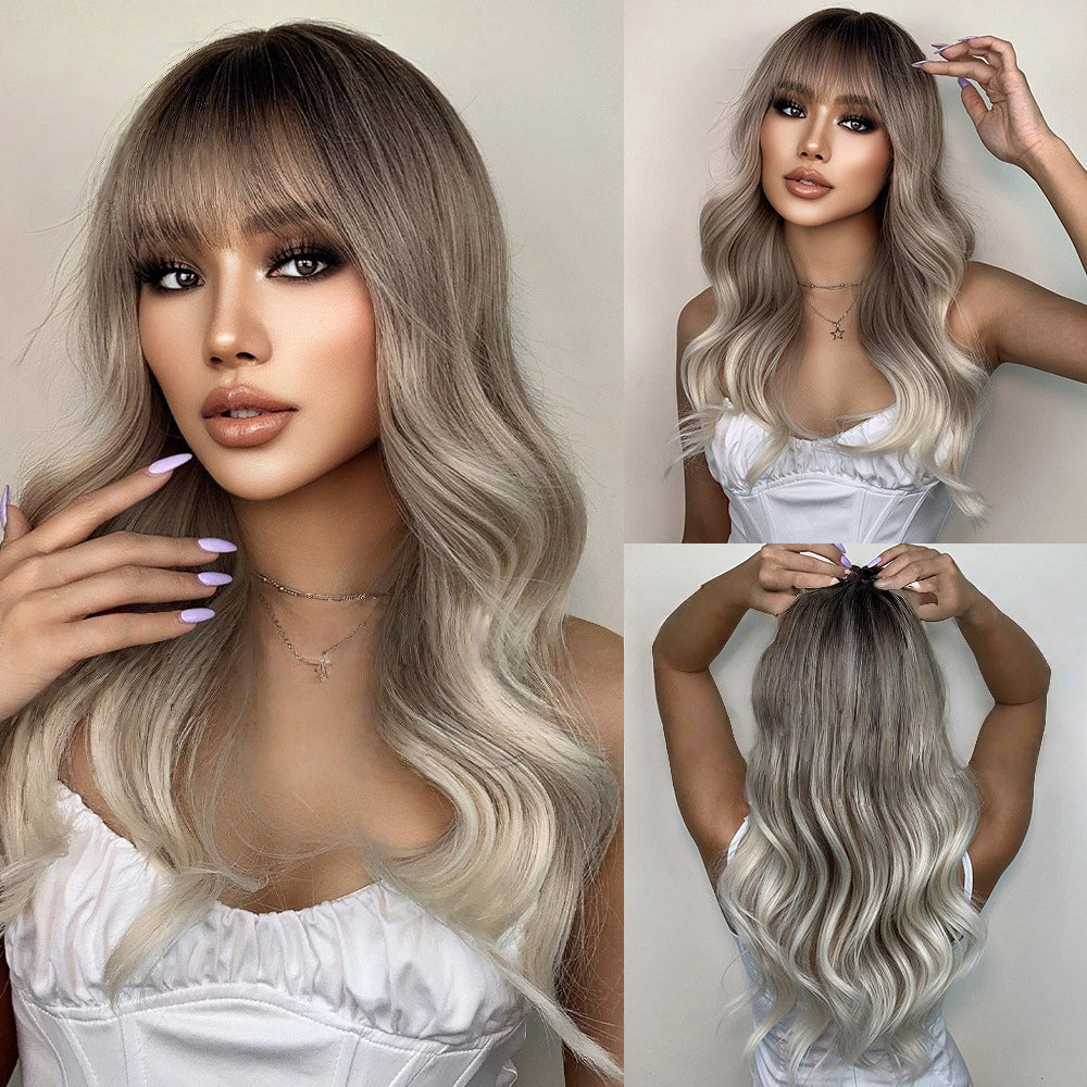 Ash Blonde Long Body Wave Wig – Dark Rooted Platinum Synthetic Hair