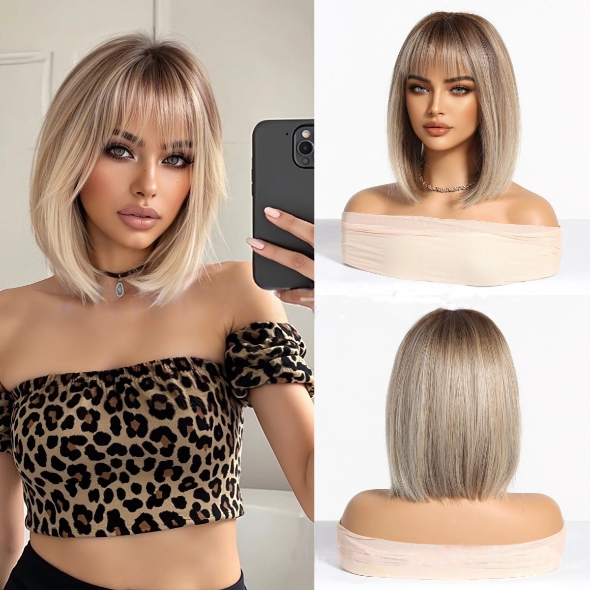 Ash Blonde Short Bob Wig with Bangs – Rooted Dark Tips Straight Synthetic Hair 14 Inch