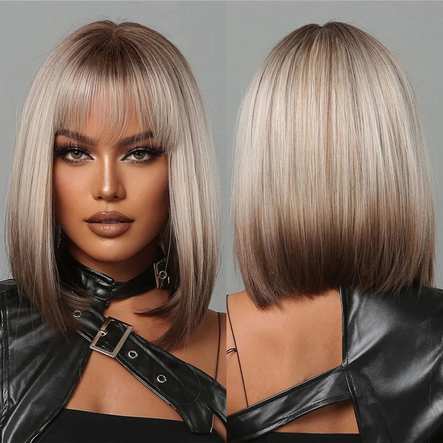 Ash Blonde Rooted Short Bob Wig – Dark Root Silver Tip Synthetic Hair