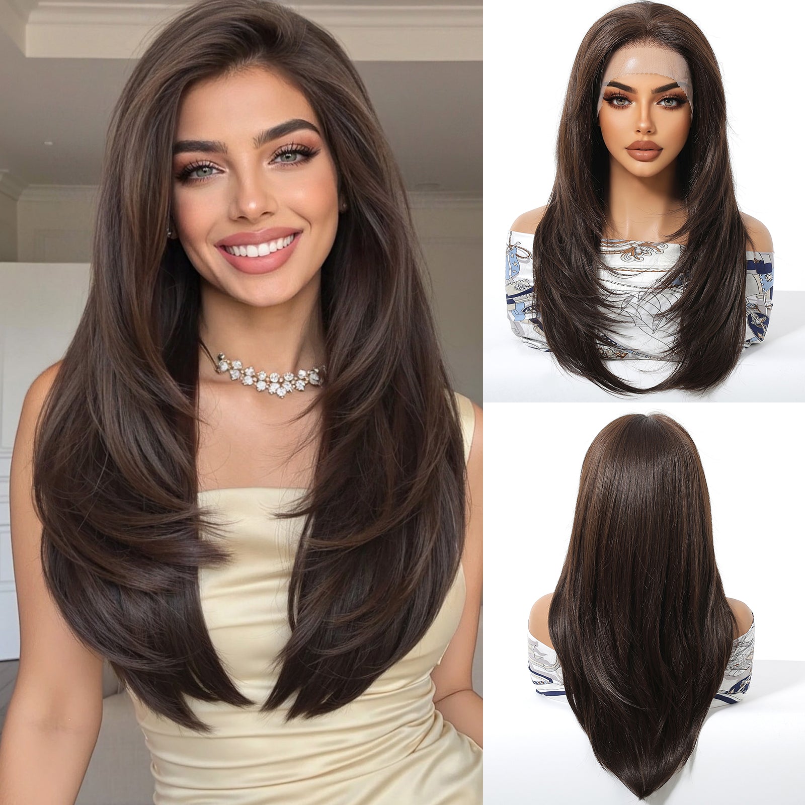 24 Inch Chestnut Brown Balayage Straight Wig - Synthetic Hair