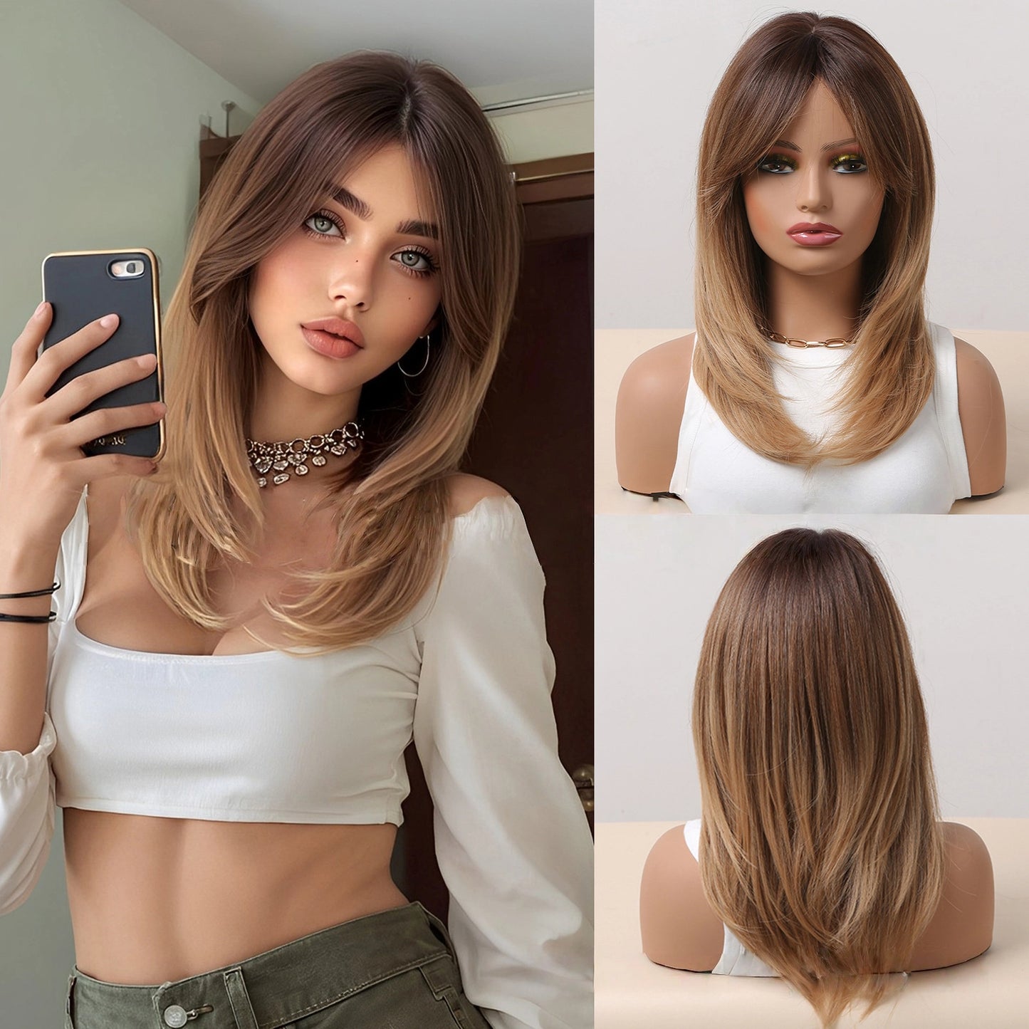 Shoulder Length Warm Brown Caramel Straight Wig with Bangs - Synthetic Hair