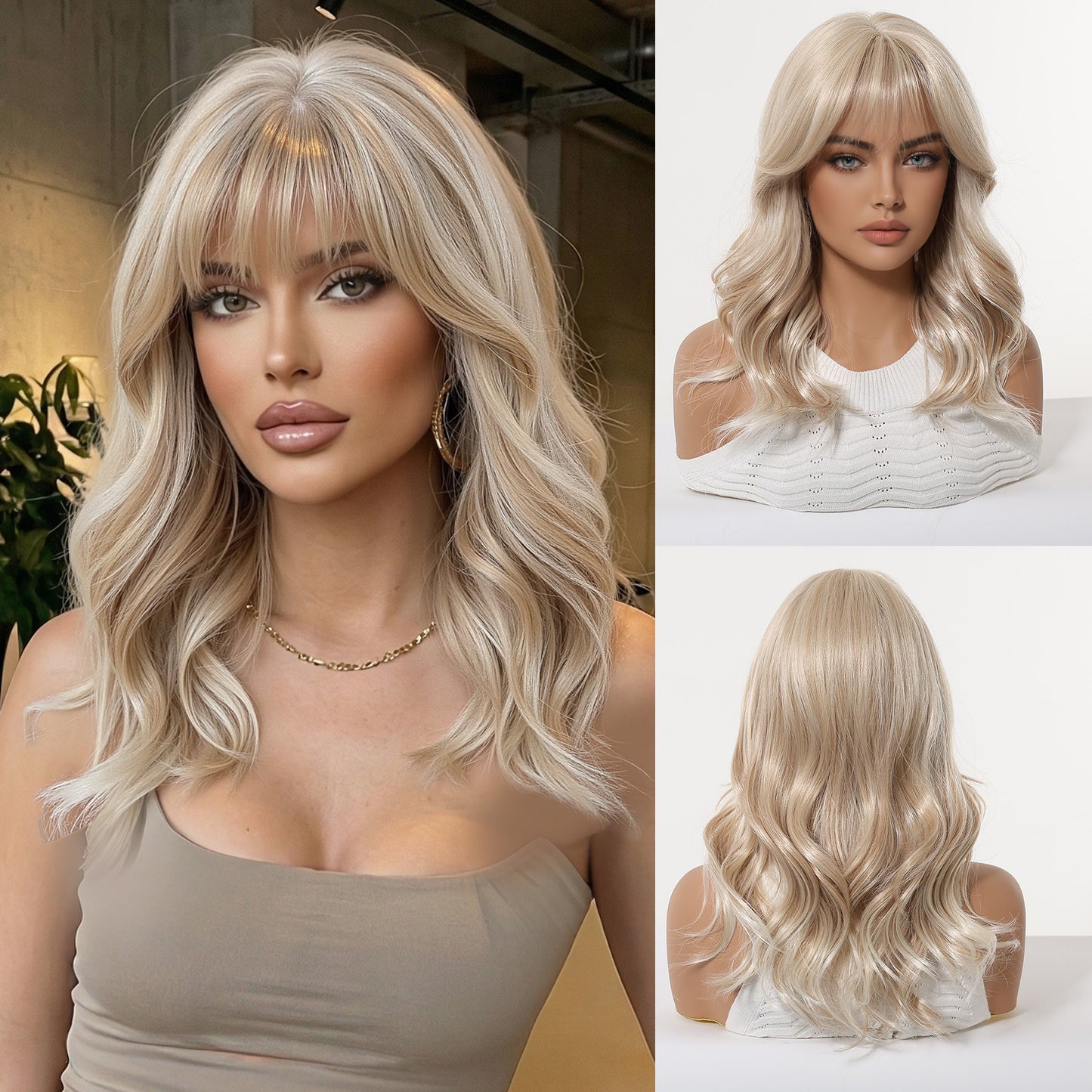 Ash Blonde Mid-Length Straight Wig with Bangs – Layered Synthetic Hair 16 Inch