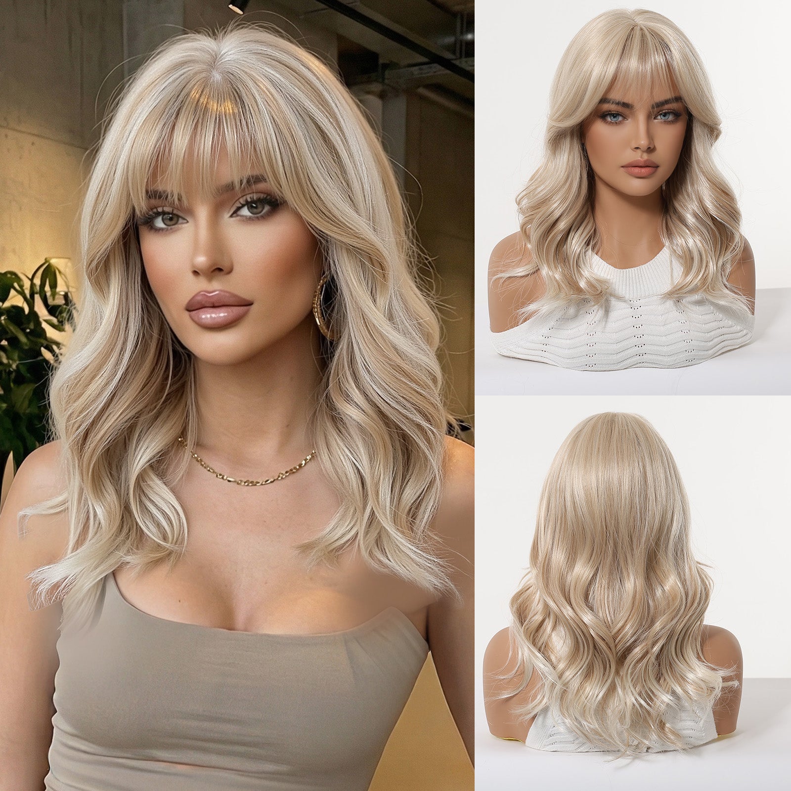 Ash Blonde Mid-Length Straight Wig with Bangs – Layered Synthetic Hair 16 Inch