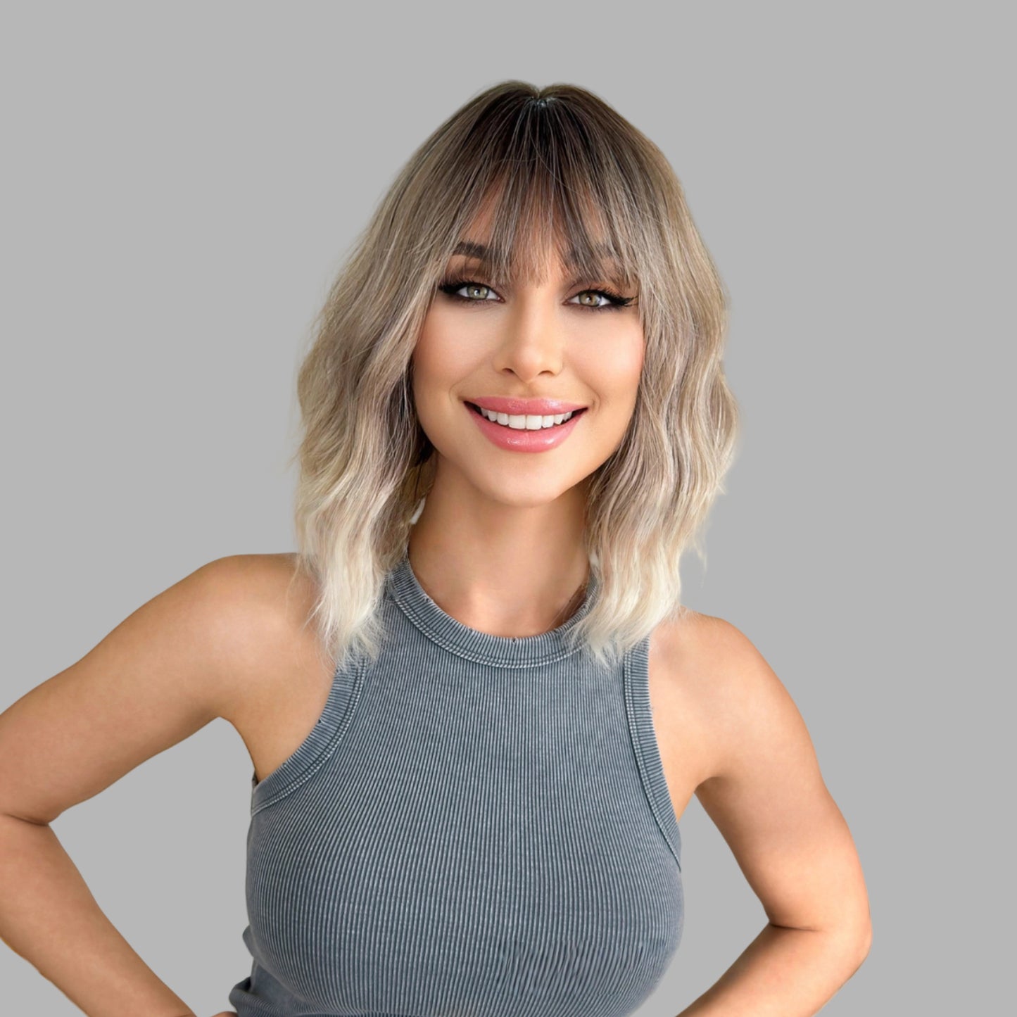 Ash Blonde Rooted Body Wave Wig with Bangs – Dark Root Platinum Tips Synthetic Hair product image