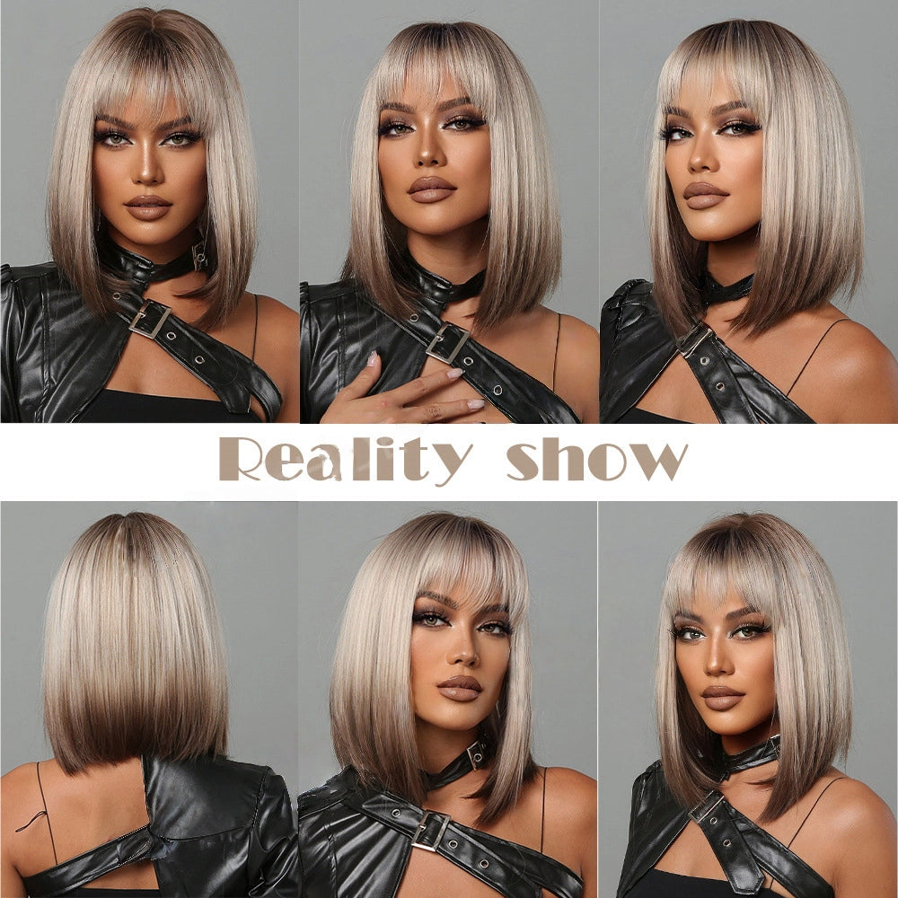 Ash Blonde Rooted Short Bob Wig – Dark Root Silver Tip Synthetic Hair