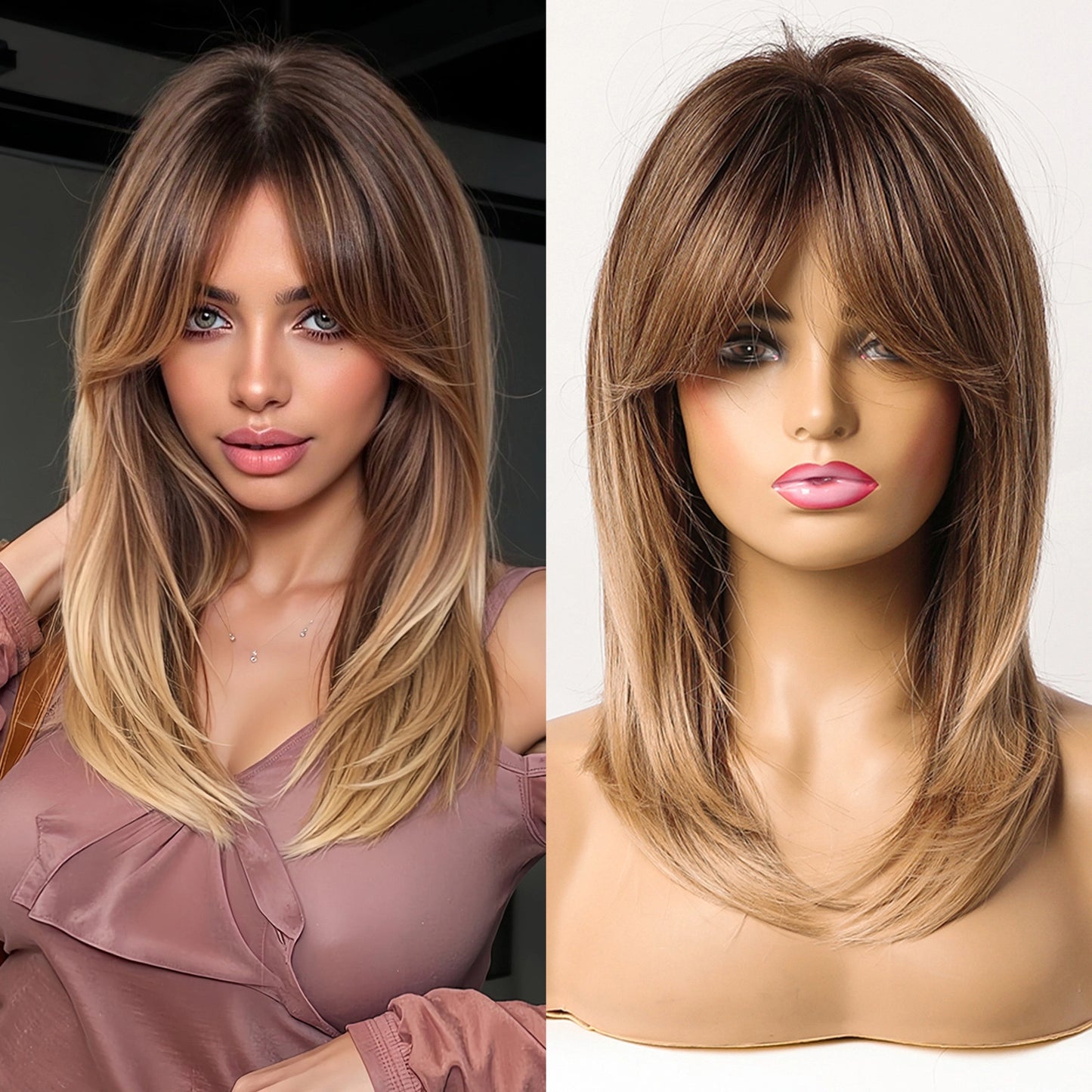 Shoulder Length Warm Brown Caramel Straight Wig with Bangs - Synthetic Hair