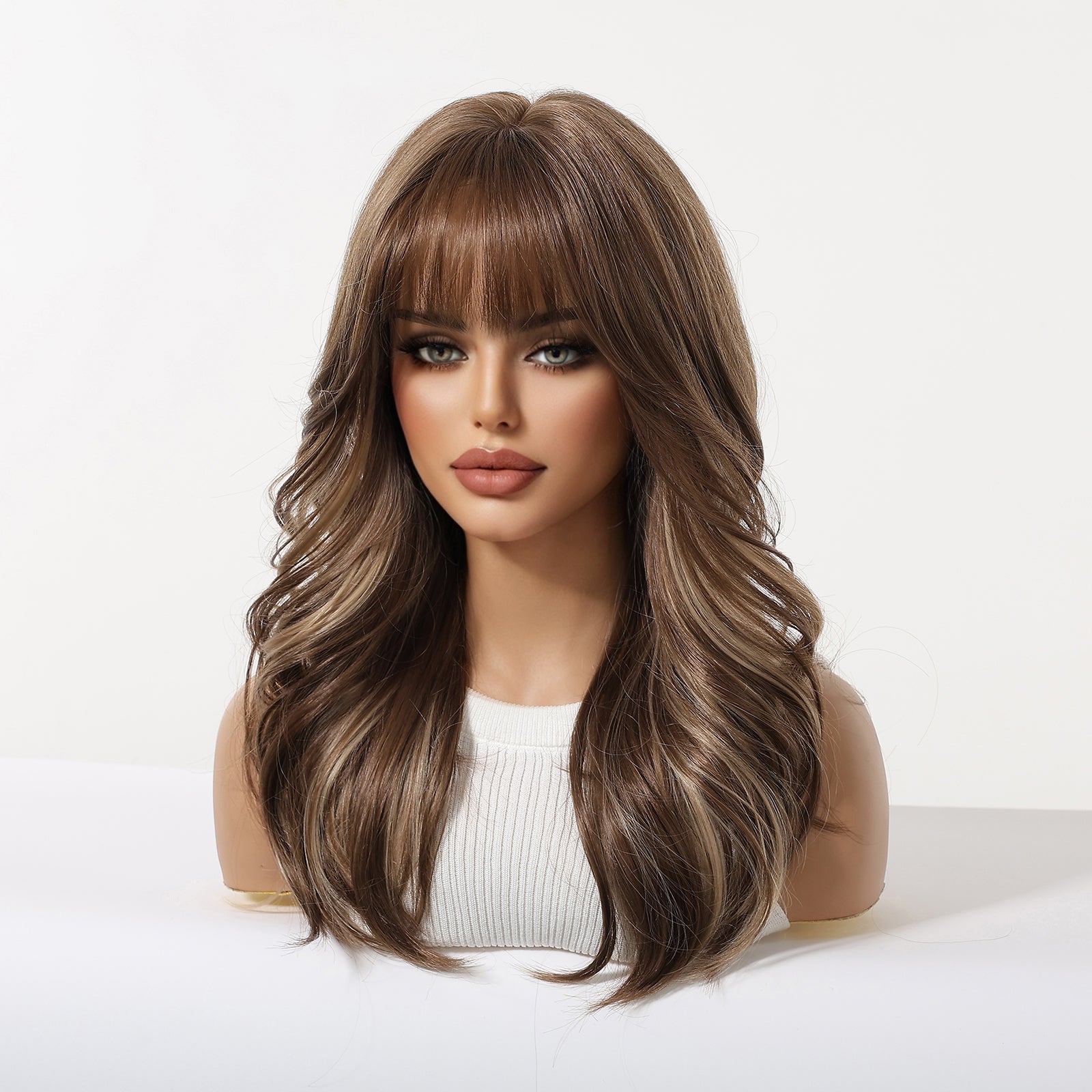 20 Inch Chestnut Brown Balayage Wavy Wig with Bangs - Synthetic Hair