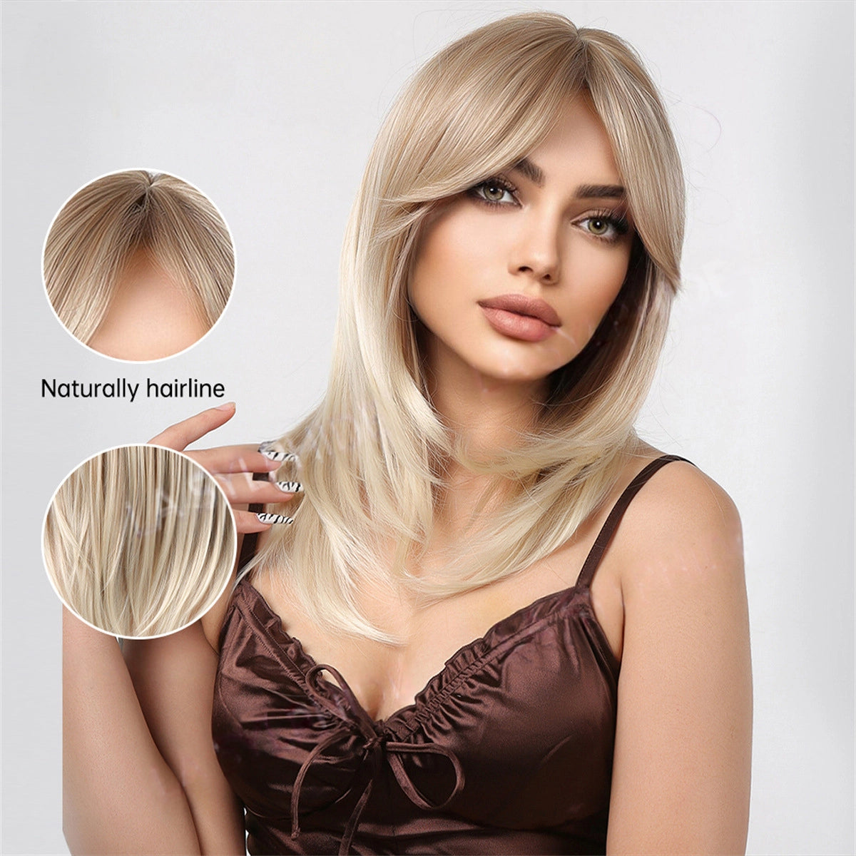 Ash Blonde Shoulder Length Wig - Dark Rooted Platinum Tips Straight Synthetic Hair