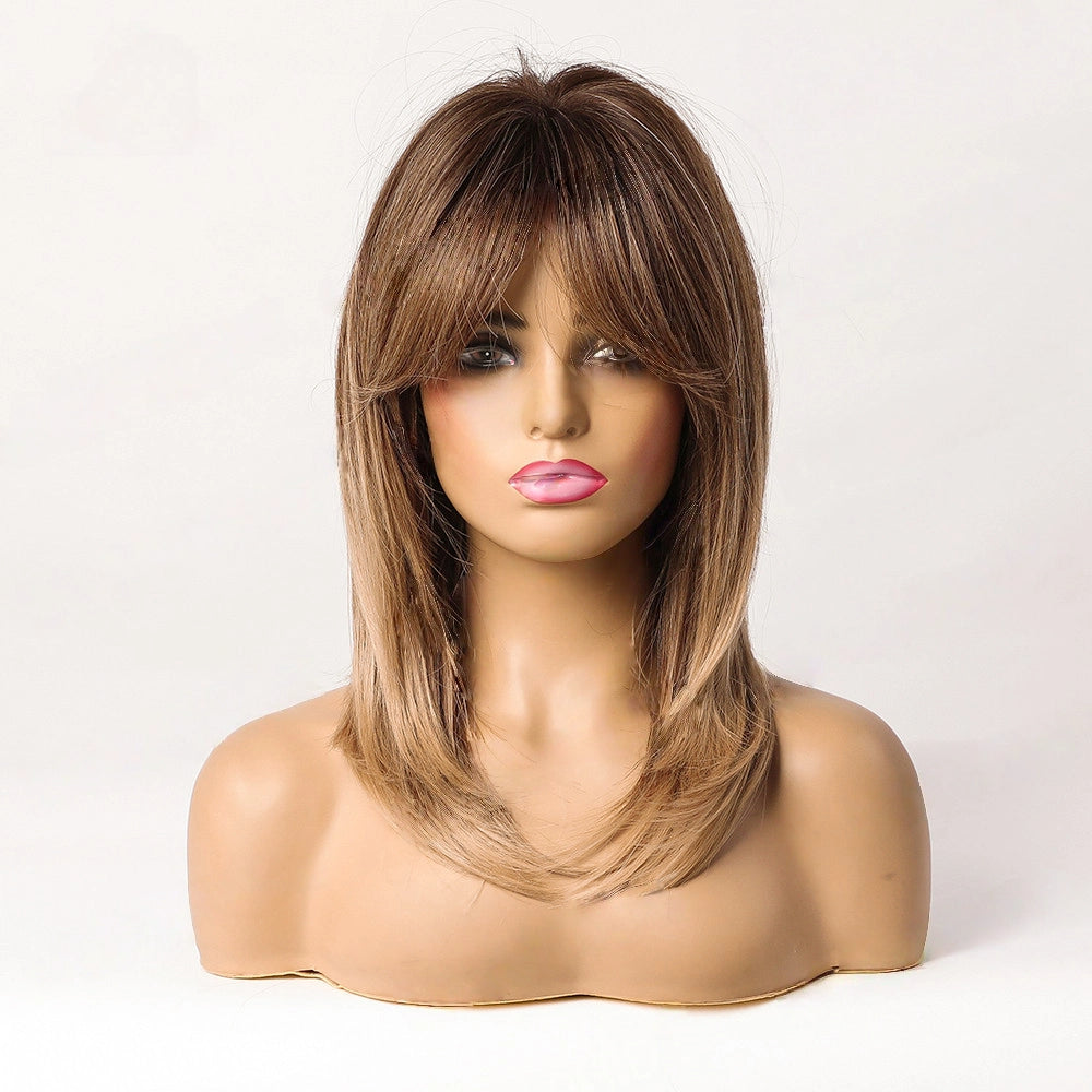 Shoulder Length Warm Brown Caramel Straight Wig with Bangs - Synthetic Hair