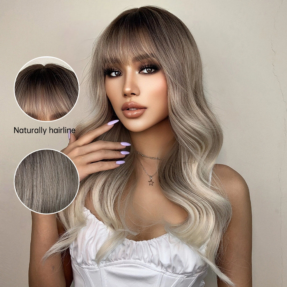 Ash Blonde Long Body Wave Wig – Dark Rooted Platinum Synthetic Hair