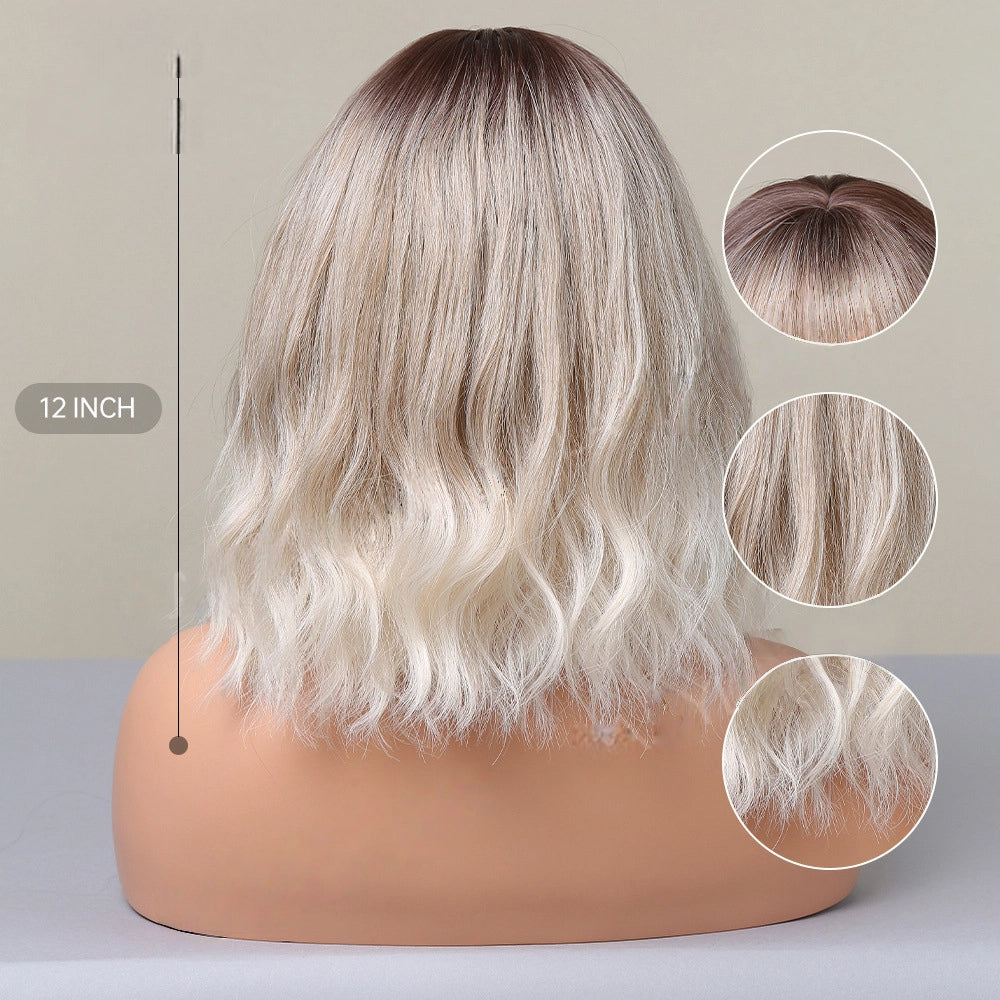 Ash Blonde Rooted Body Wave Wig with Bangs – Dark Root Platinum Tips Synthetic Hair