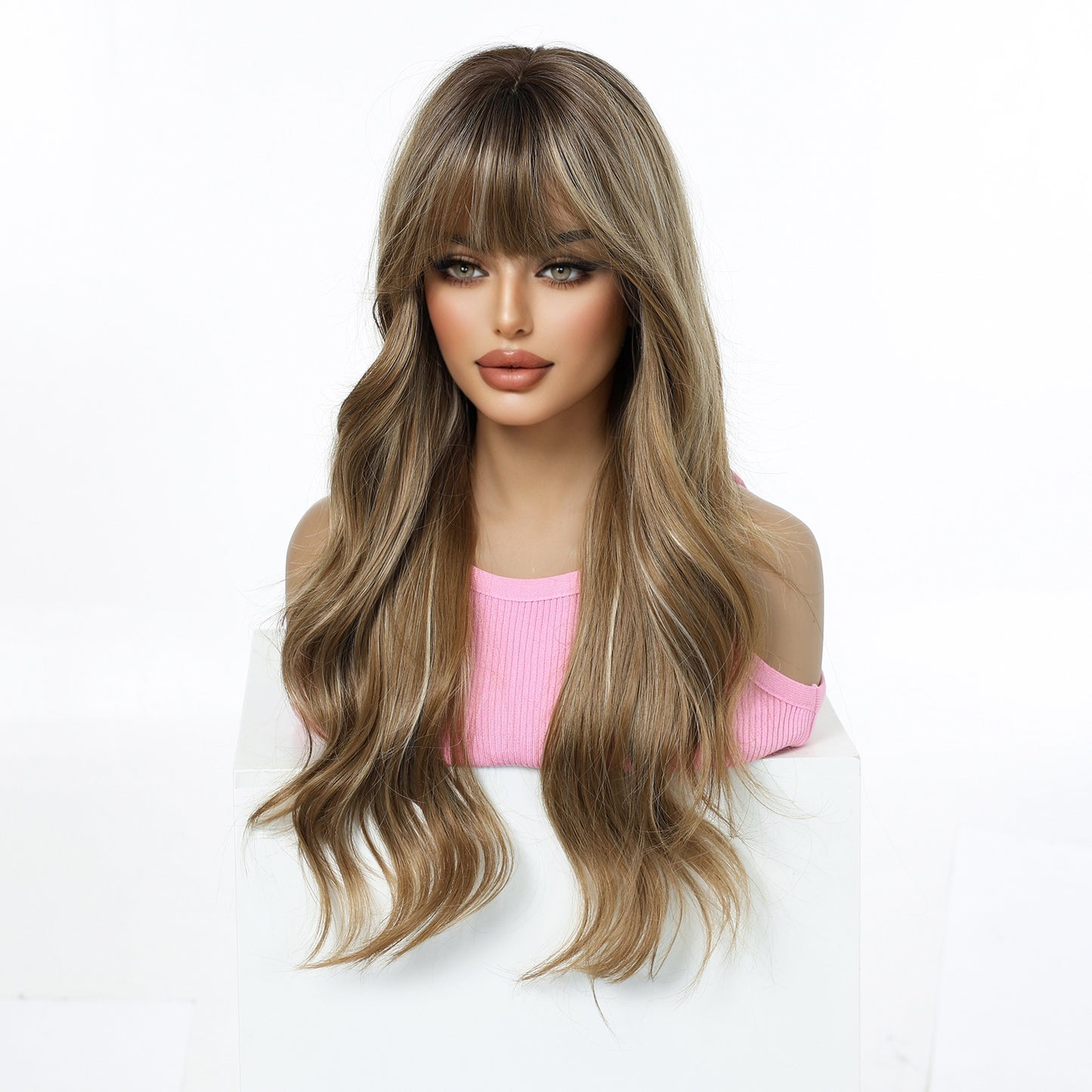 24 Inch Brown Balayage Body Wave Wig with Bangs - Synthetic Hair