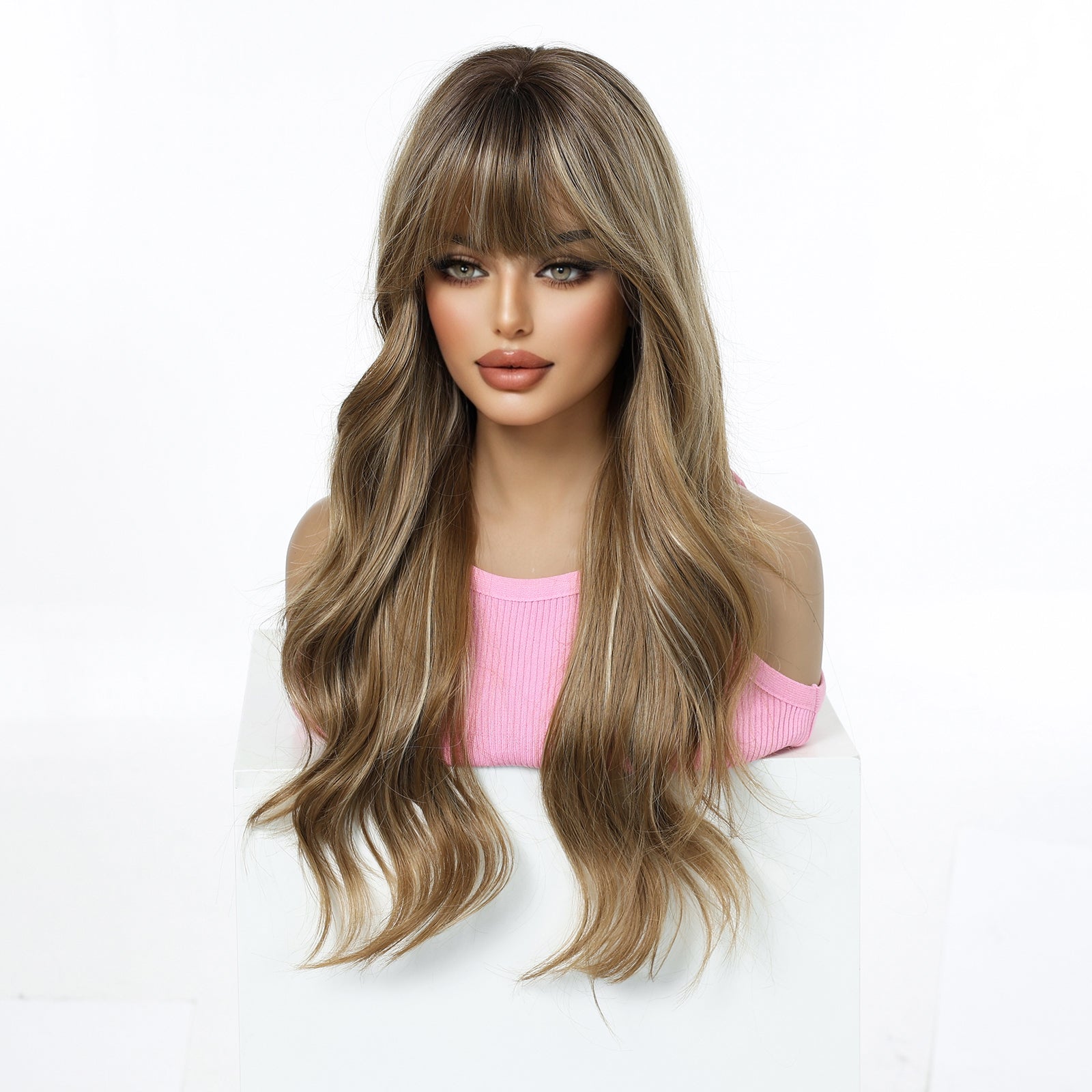 24 Inch Brown Balayage Body Wave Wig with Bangs - Synthetic Hair