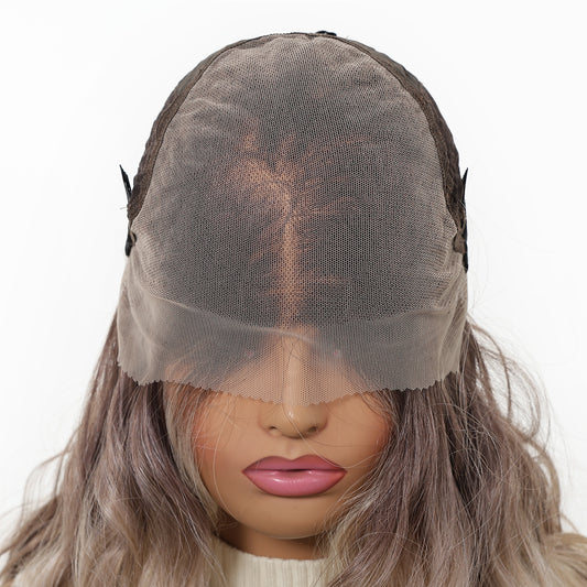 Ash Blonde Ombre Long Wavy Wig - Dark Roots to Light Ends Synthetic Hair 24 Inch - Synthetic Wig view 5