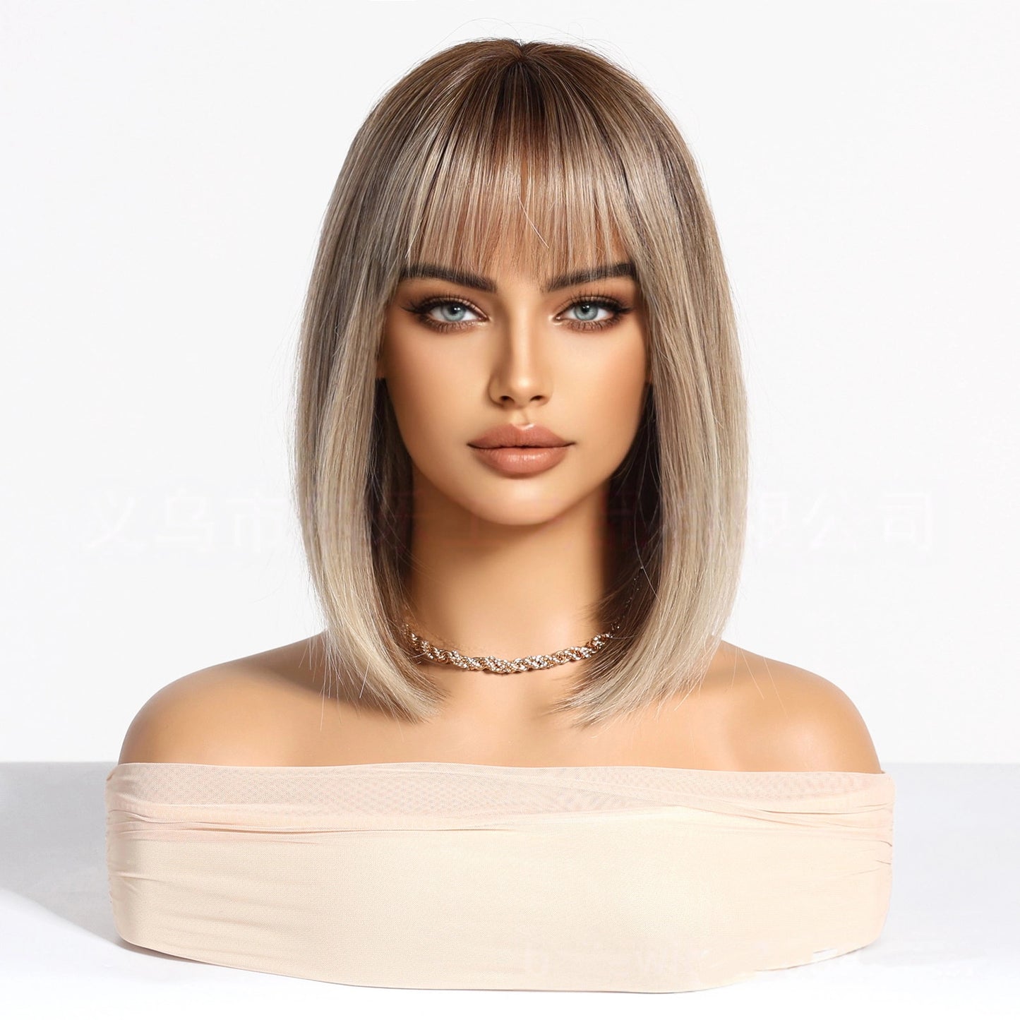 Ash Blonde Short Bob Wig with Bangs – Rooted Dark Tips Straight Synthetic Hair 14 Inch