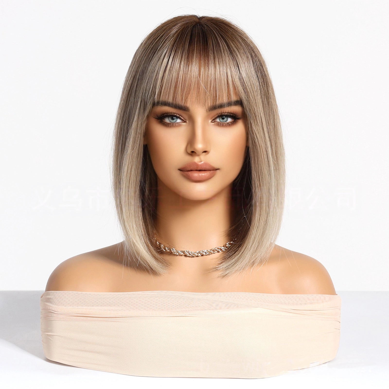 Ash Blonde Short Bob Wig with Bangs – Rooted Dark Tips Straight Synthetic Hair 14 Inch