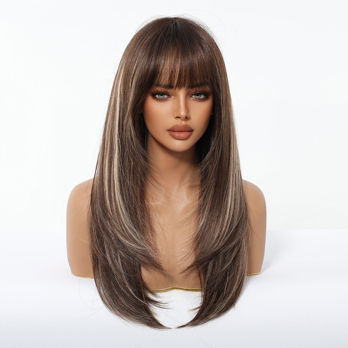 Chestnut Brown Balayage Long Wavy Wig with Bangs - Layered Synthetic Hair 22 Inch - Synthetic Wig view 4