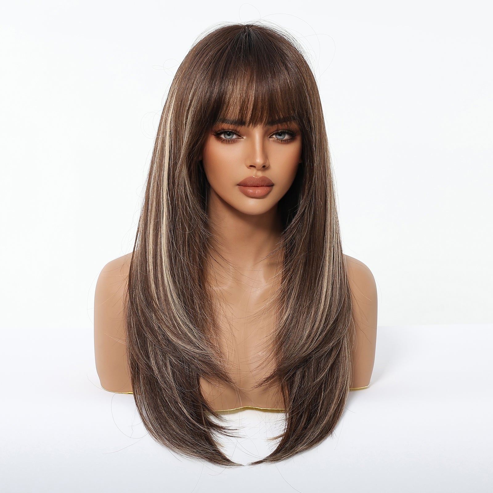 Chestnut Brown Balayage Long Wavy Wig with Bangs - Layered Synthetic Hair 22 Inch - Synthetic Wig view 4