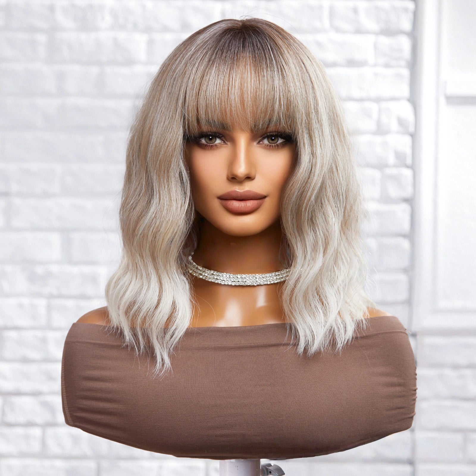 Ash Blonde Rooted Body Wave Wig with Bangs – Dark Root Platinum Tips Synthetic Hair