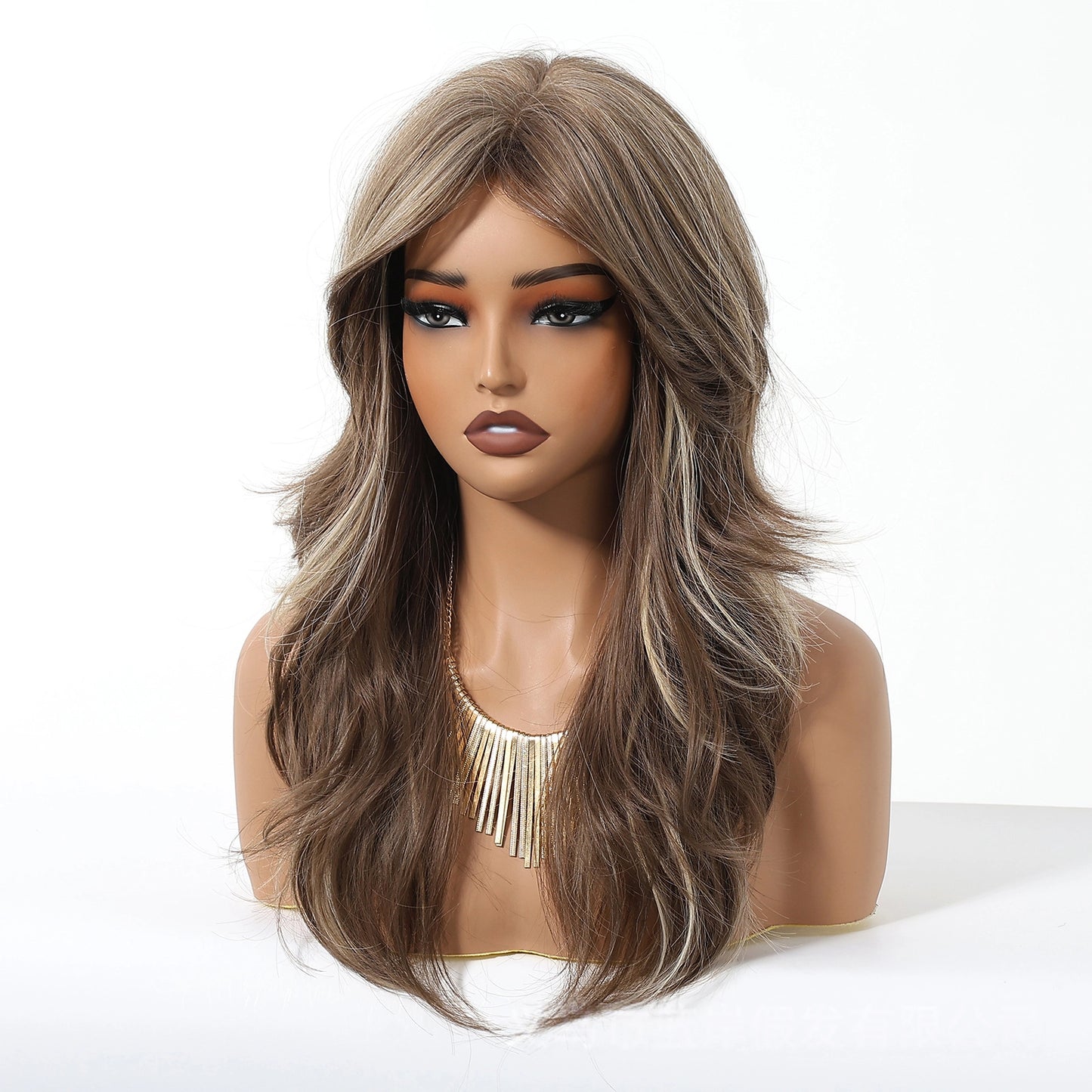 Ash Brown Honey Blonde Balayage Body Wave Wig – Caramel Highlighted Synthetic Hair 20 Inch