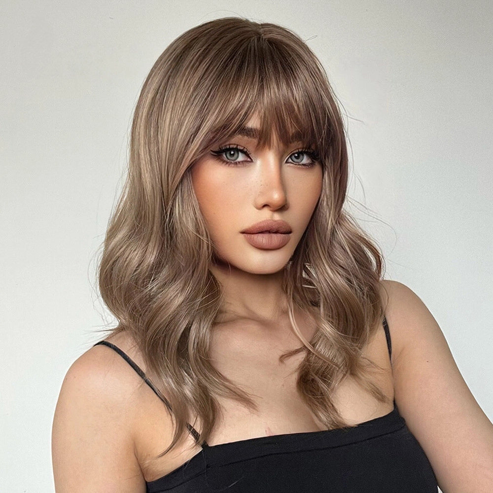 Ash Brown Balayage Body Wave Wig with Bangs – Caramel Honey Blonde Highlights