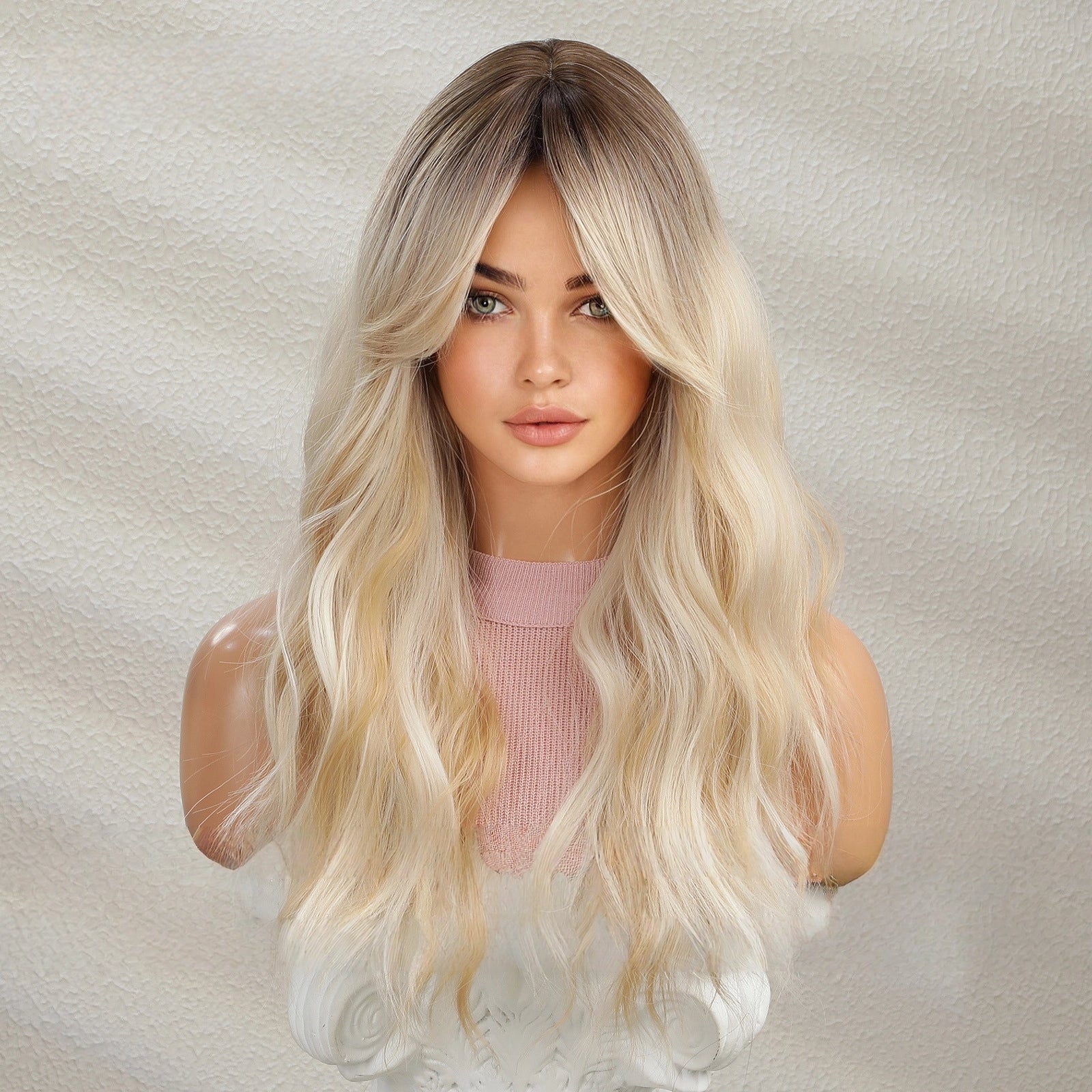 Platinum Blonde Long Body Wave Wig with Bangs – Rooted Ash Golden Synthetic Hair