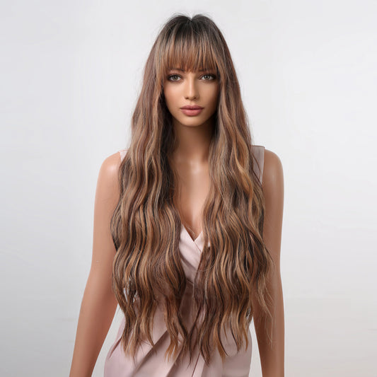 Brown Balayage Long Wavy Wig with Air Bangs - Sun-Kissed Caramel Highlights - Synthetic Wig view 1