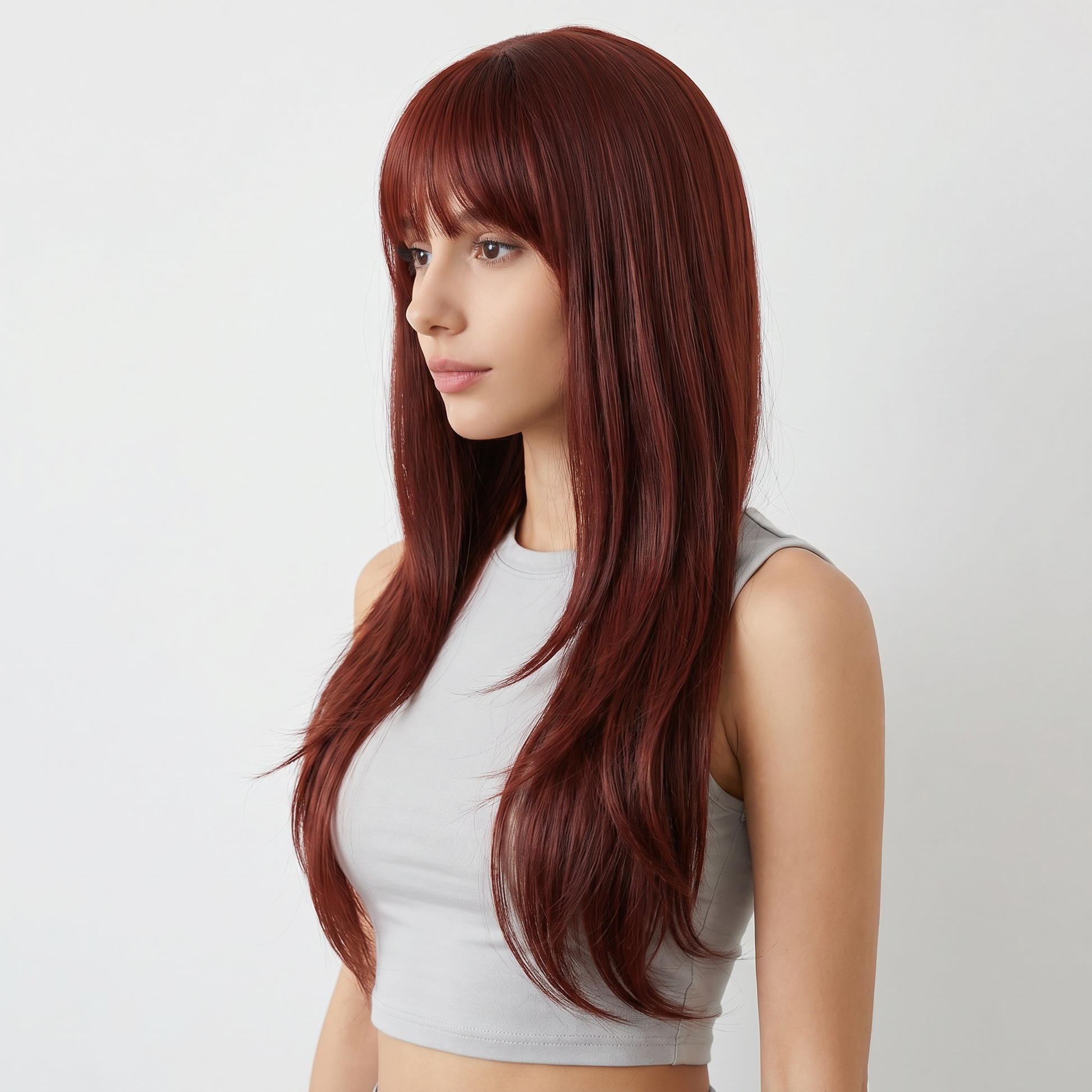 Burgundy Long Straight Wig with Bangs - Deep Wine Red Synthetic Hair - Synthetic Wig view 2