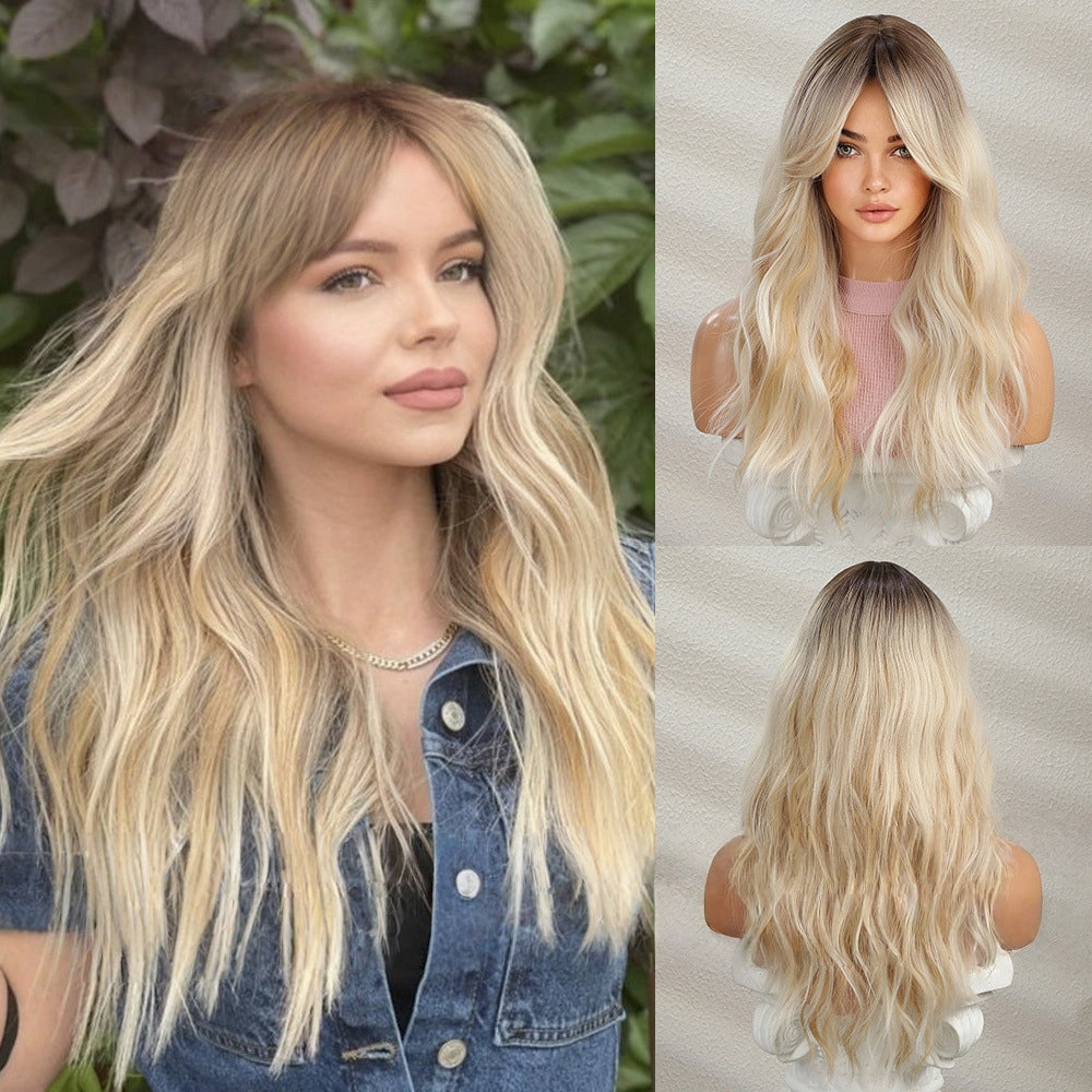 Product photo of Platinum Blonde Long Body Wave Wig with Bangs – Rooted Ash Golden Synthetic Hair