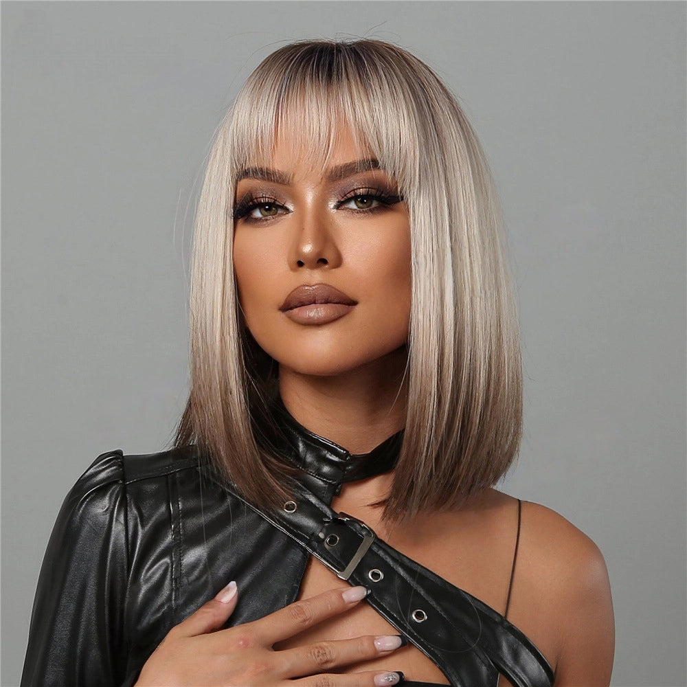 Product photo of Ash Blonde Rooted Short Bob Wig – Dark Root Silver Tip Synthetic Hair