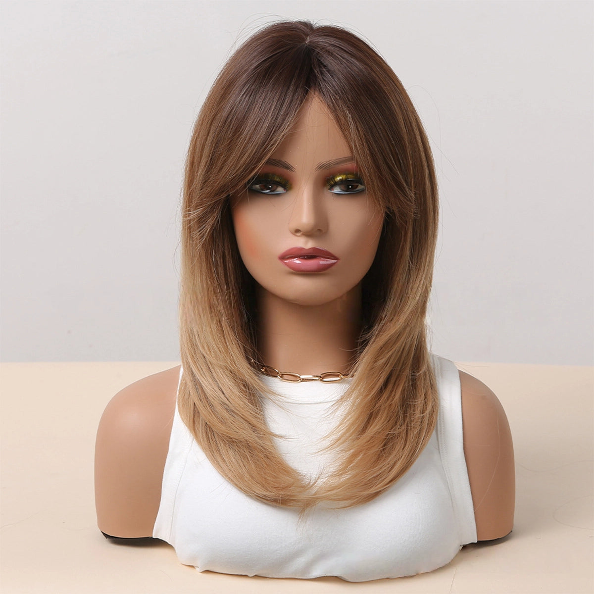 Shoulder Length Warm Brown Caramel Straight Wig with Bangs - Synthetic Hair