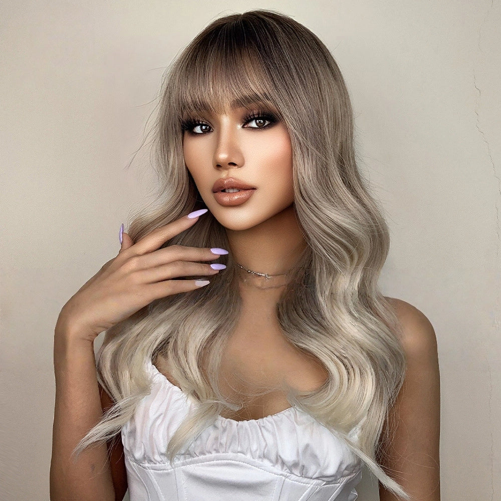 Ash Blonde Long Body Wave Wig – Dark Rooted Platinum Synthetic Hair