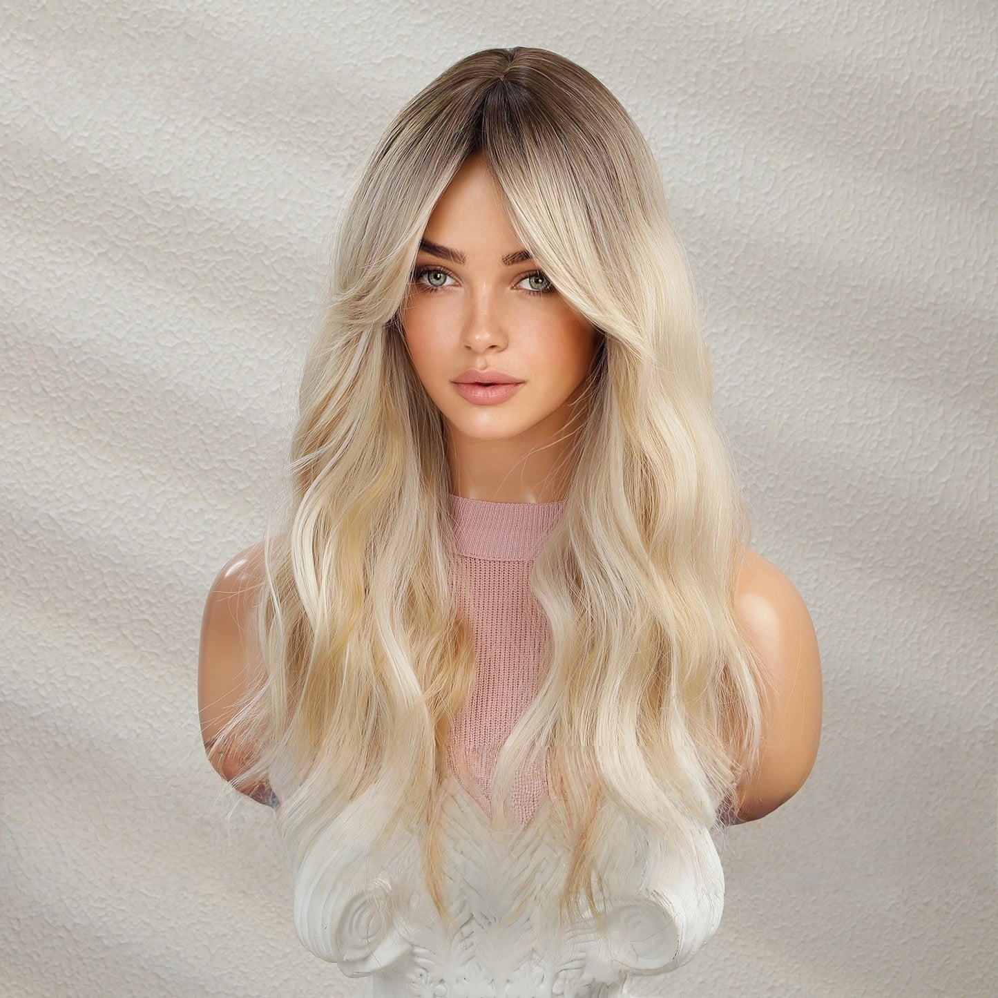 Platinum Blonde Long Body Wave Wig with Bangs – Rooted Ash Golden Synthetic Hair