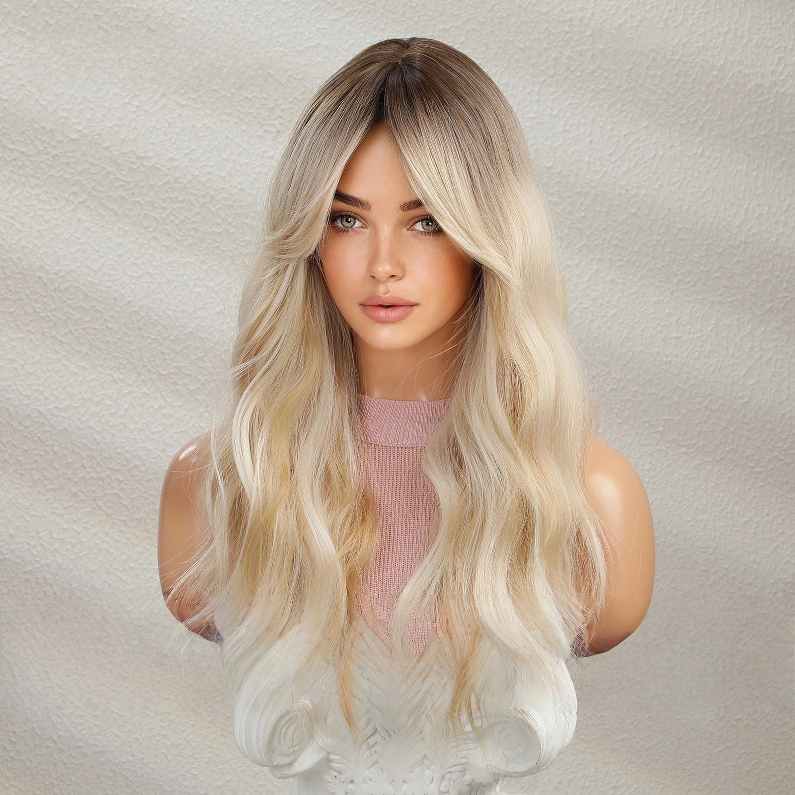 Platinum Blonde Long Body Wave Wig with Bangs – Rooted Ash Golden Synthetic Hair