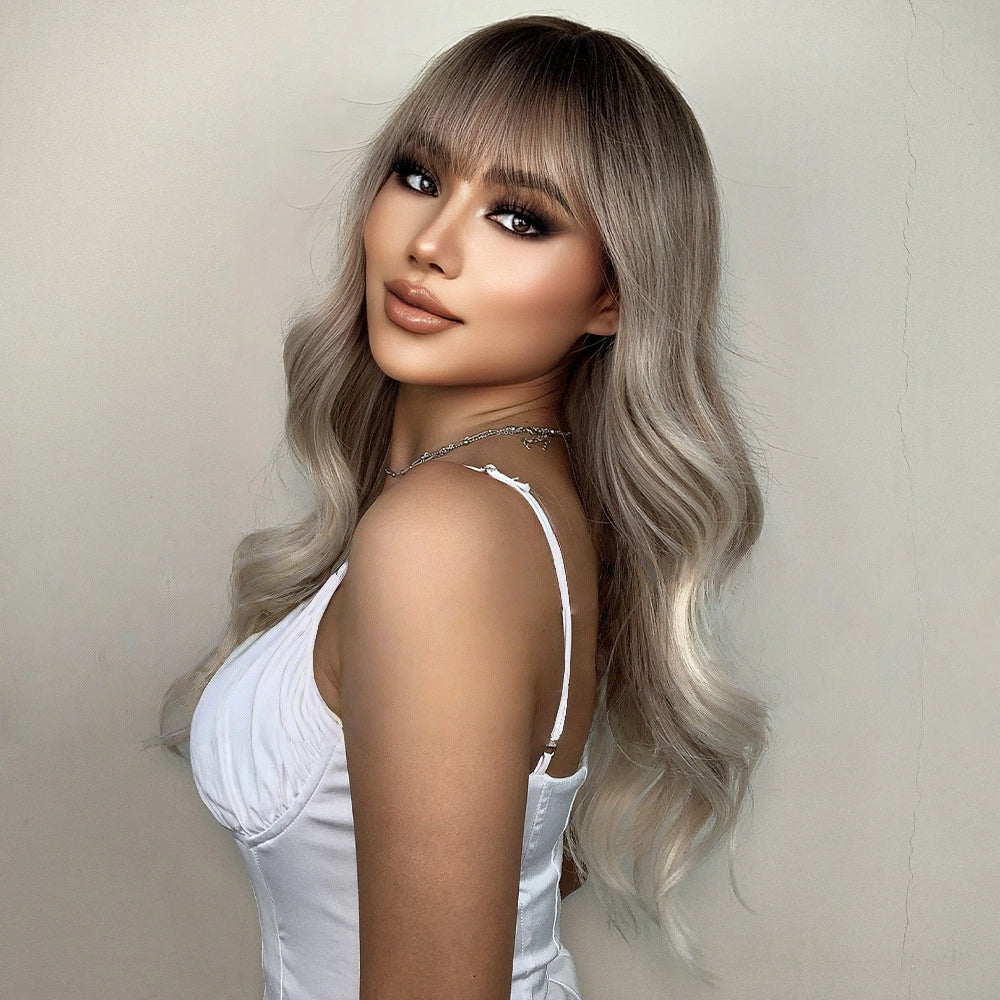 Ash Blonde Long Body Wave Wig – Dark Rooted Platinum Synthetic Hair