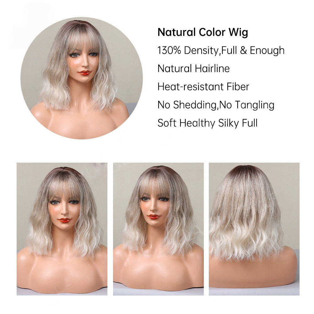 Ash Blonde Rooted Body Wave Wig with Bangs – Dark Root Platinum Tips Synthetic Hair