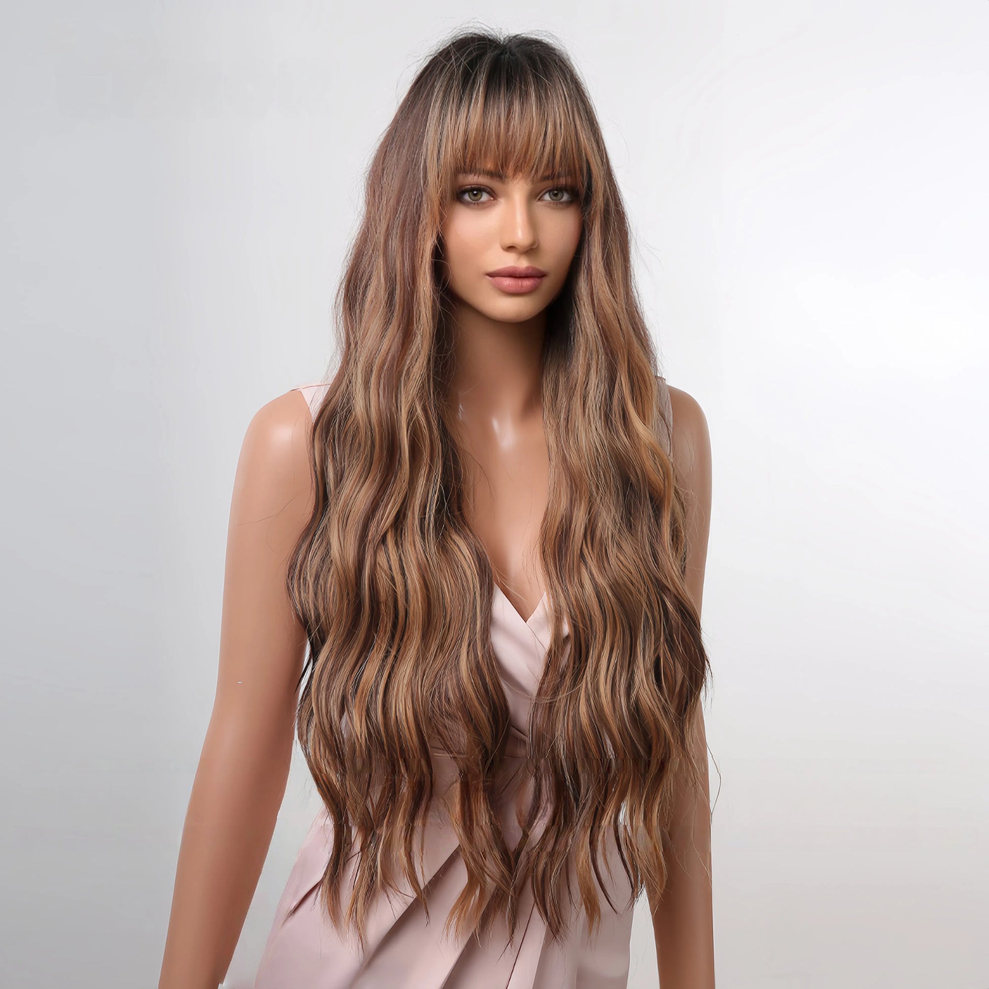 Brown Balayage Long Wavy Wig with Air Bangs - Sun-Kissed Caramel Highlights - Synthetic Wig view 4
