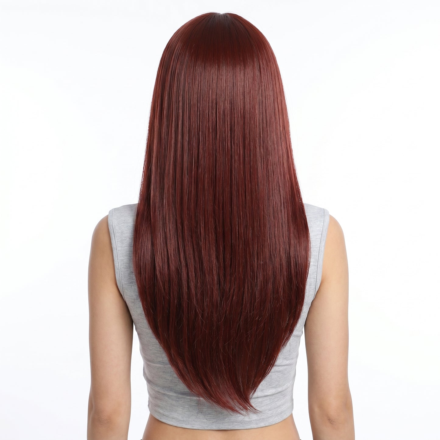 Burgundy Long Straight Wig with Bangs - Deep Wine Red Synthetic Hair - Synthetic Wig view 3
