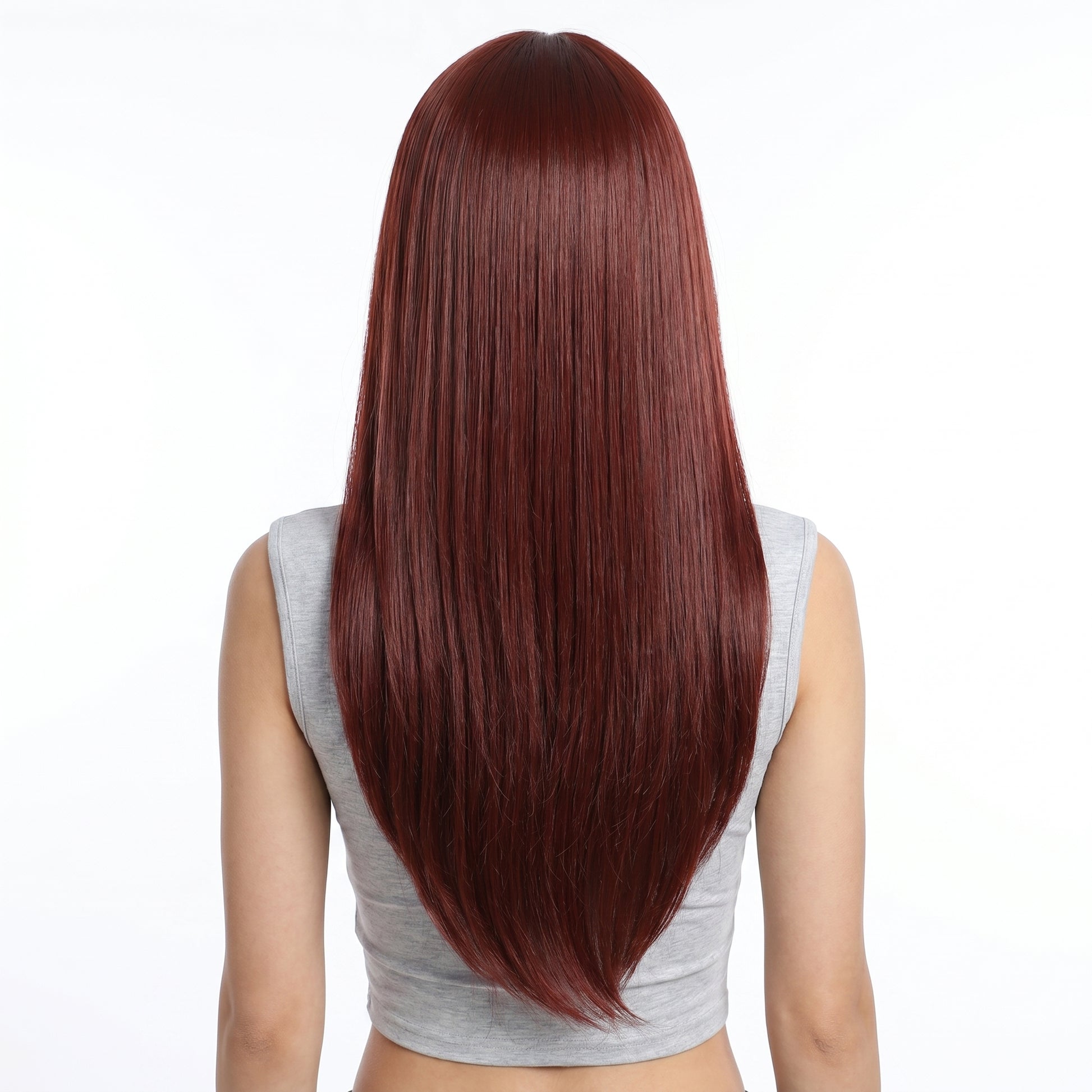 Burgundy Long Straight Wig with Bangs - Deep Wine Red Synthetic Hair - Synthetic Wig view 3