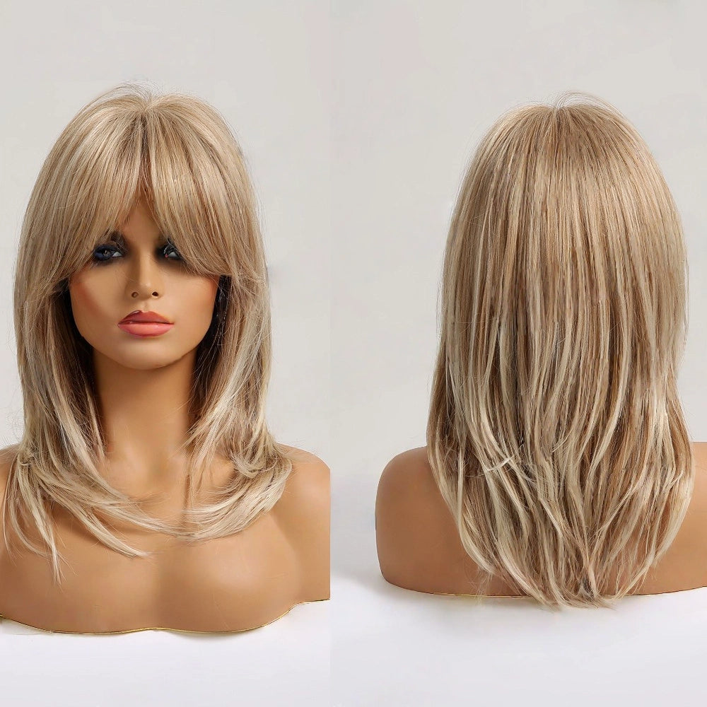 Ash Blonde Shoulder Length Wig - Dark Rooted Platinum Tips Straight Synthetic Hair
