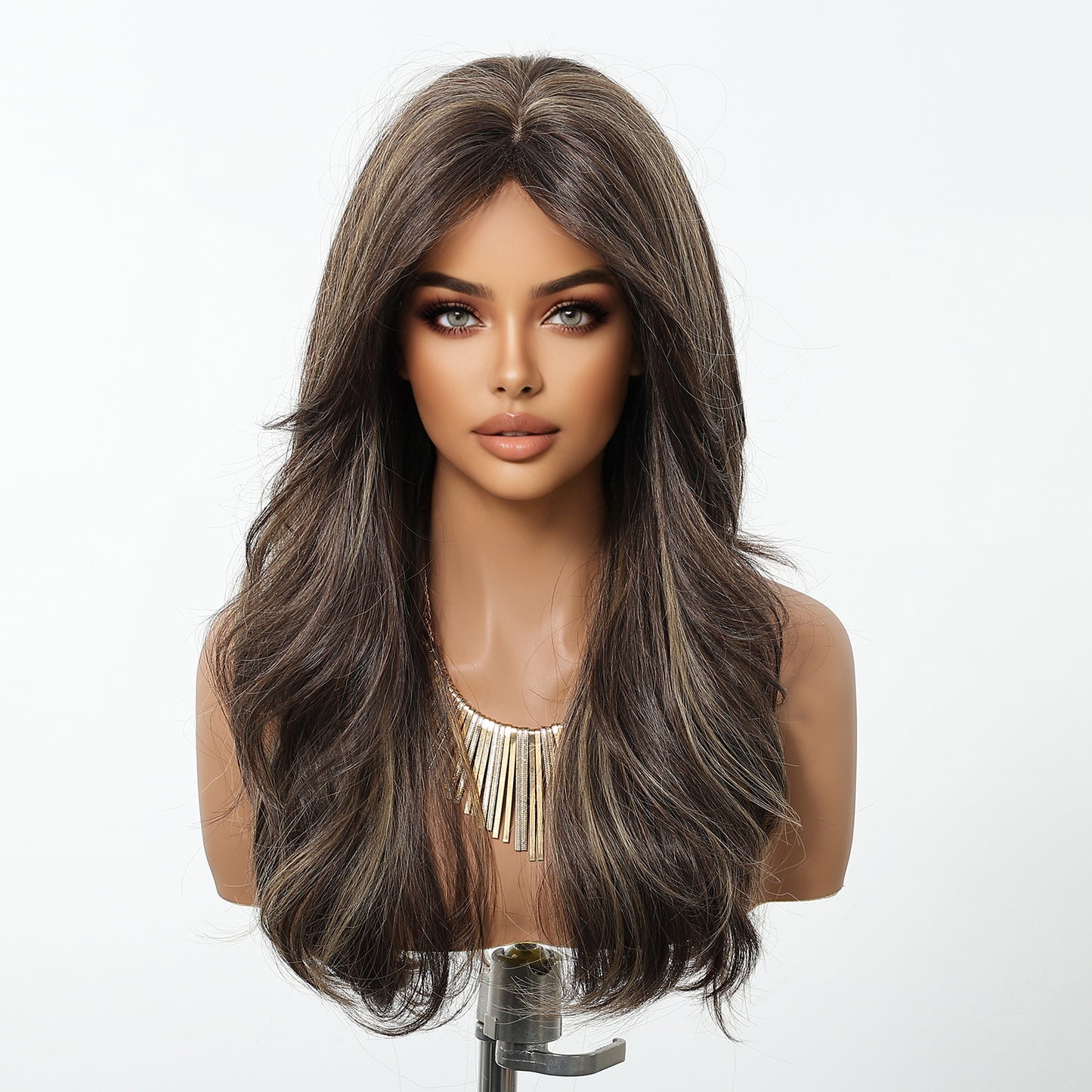 Chestnut Brown Balayage Long Wavy Wig with Bangs - Full Body Wave Synthetic Hair 22 Inch - Synthetic Wig view 1