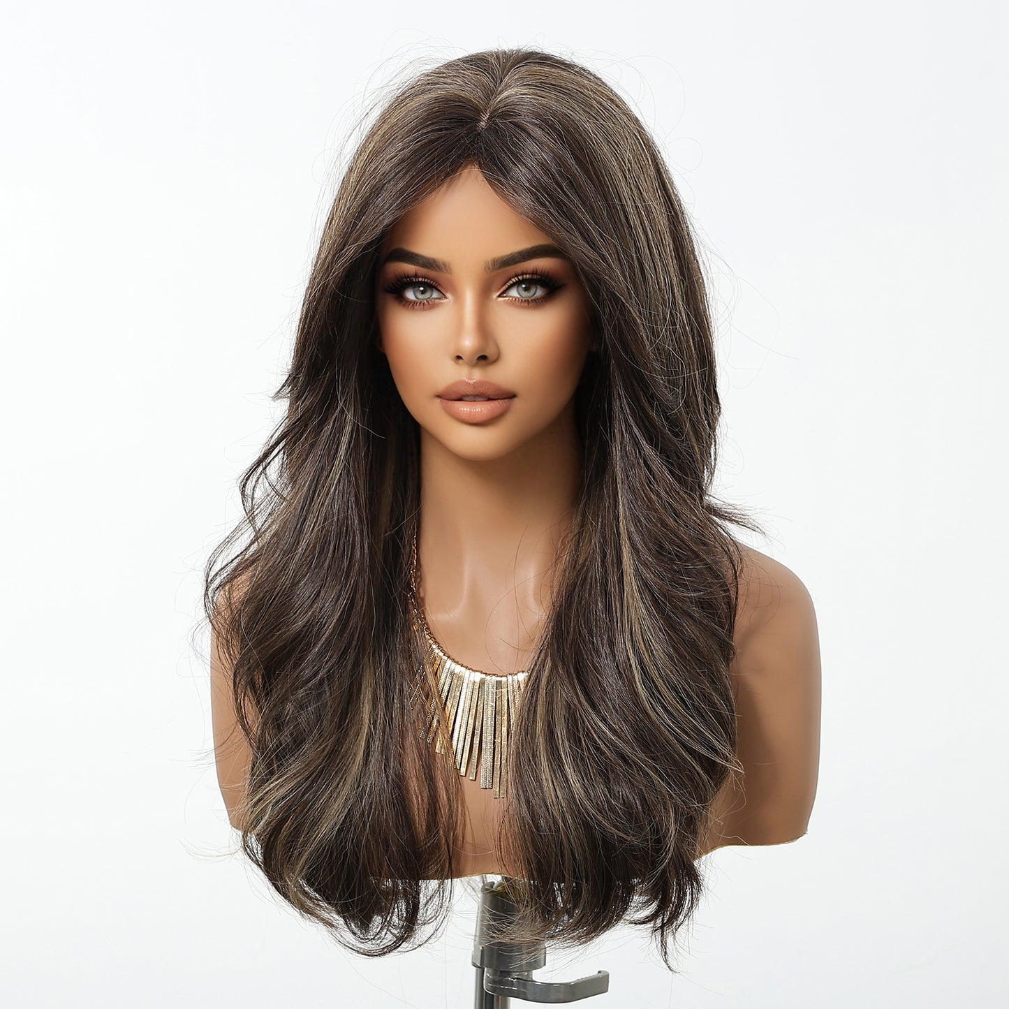 Chestnut Brown Balayage Long Wavy Wig with Bangs - Full Body Wave Synthetic Hair 22 Inch - Synthetic Wig view 3