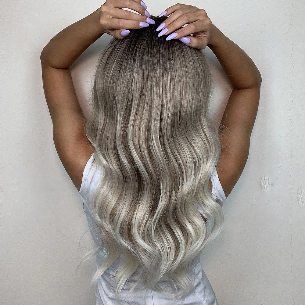 Ash Blonde Long Body Wave Wig – Dark Rooted Platinum Synthetic Hair