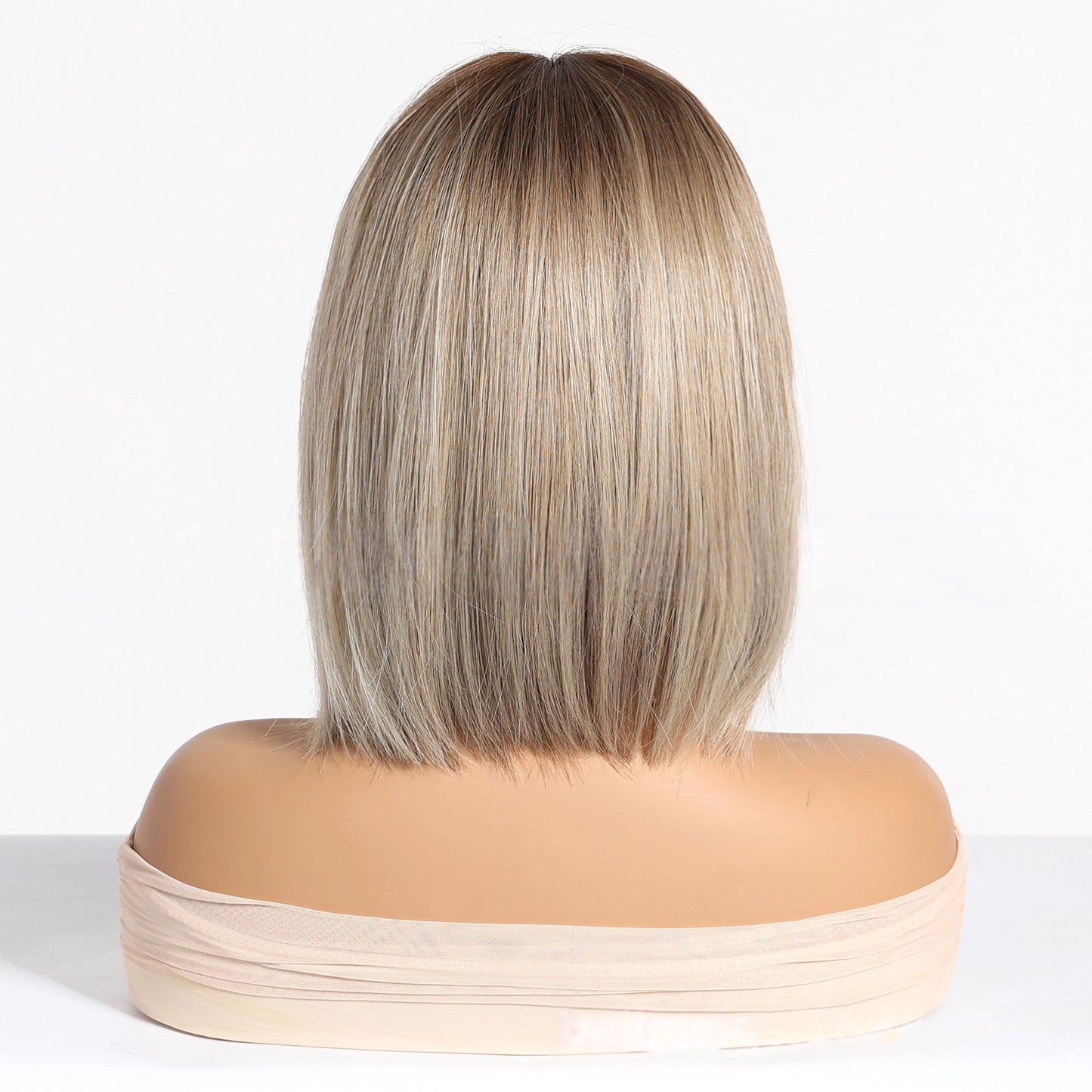 Ash Blonde Short Bob Wig with Bangs – Rooted Dark Tips Straight Synthetic Hair 14 Inch