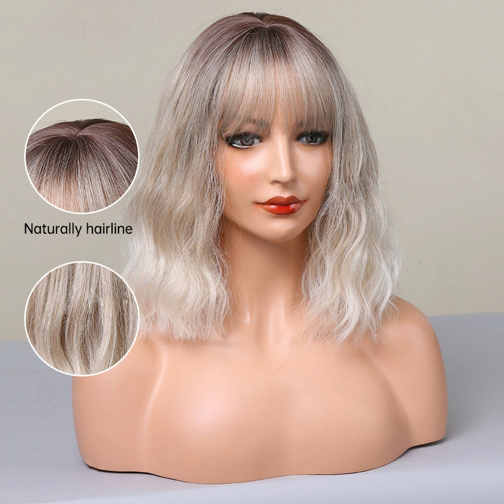 Ash Blonde Rooted Body Wave Wig with Bangs – Dark Root Platinum Tips Synthetic Hair